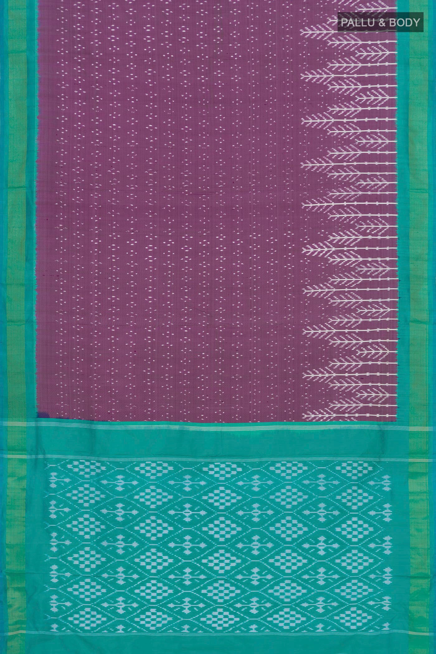 Flat view of Lavender Pochampally Silk Saree with Ikat design on the body and Zari Border. 