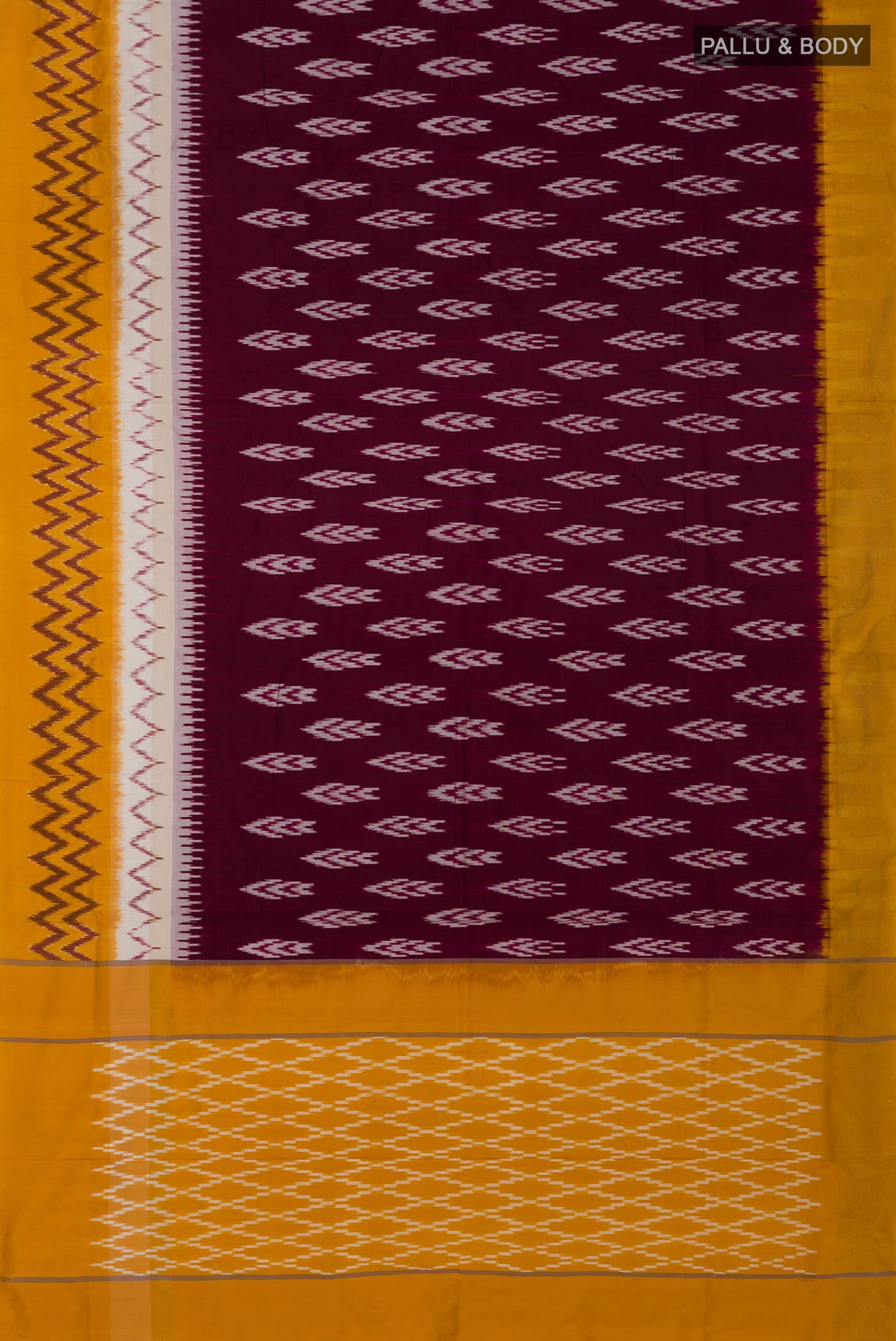 Flat view of Brown Pochampally Saree with Ikat Print on the body and Ikat Border. 