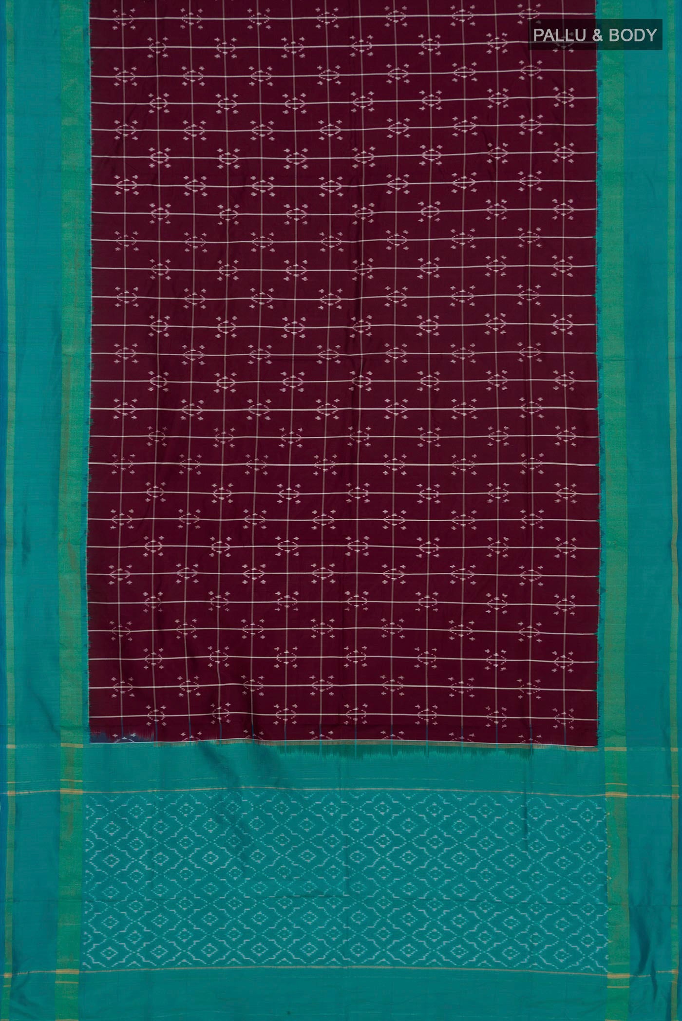Flat view of Brown Pochampally Silk Saree with Ikat Print on the body and Zari Border. 