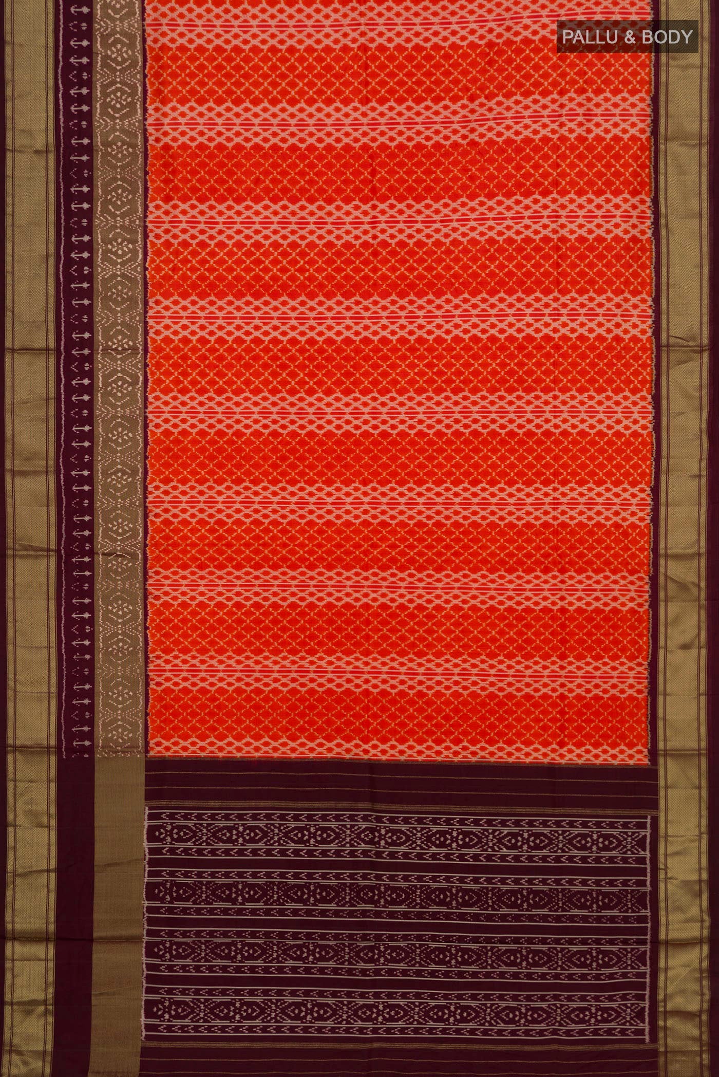Flat view of Orange Pochampally Silk Saree with Ikat Print on the body and Zari Border. 