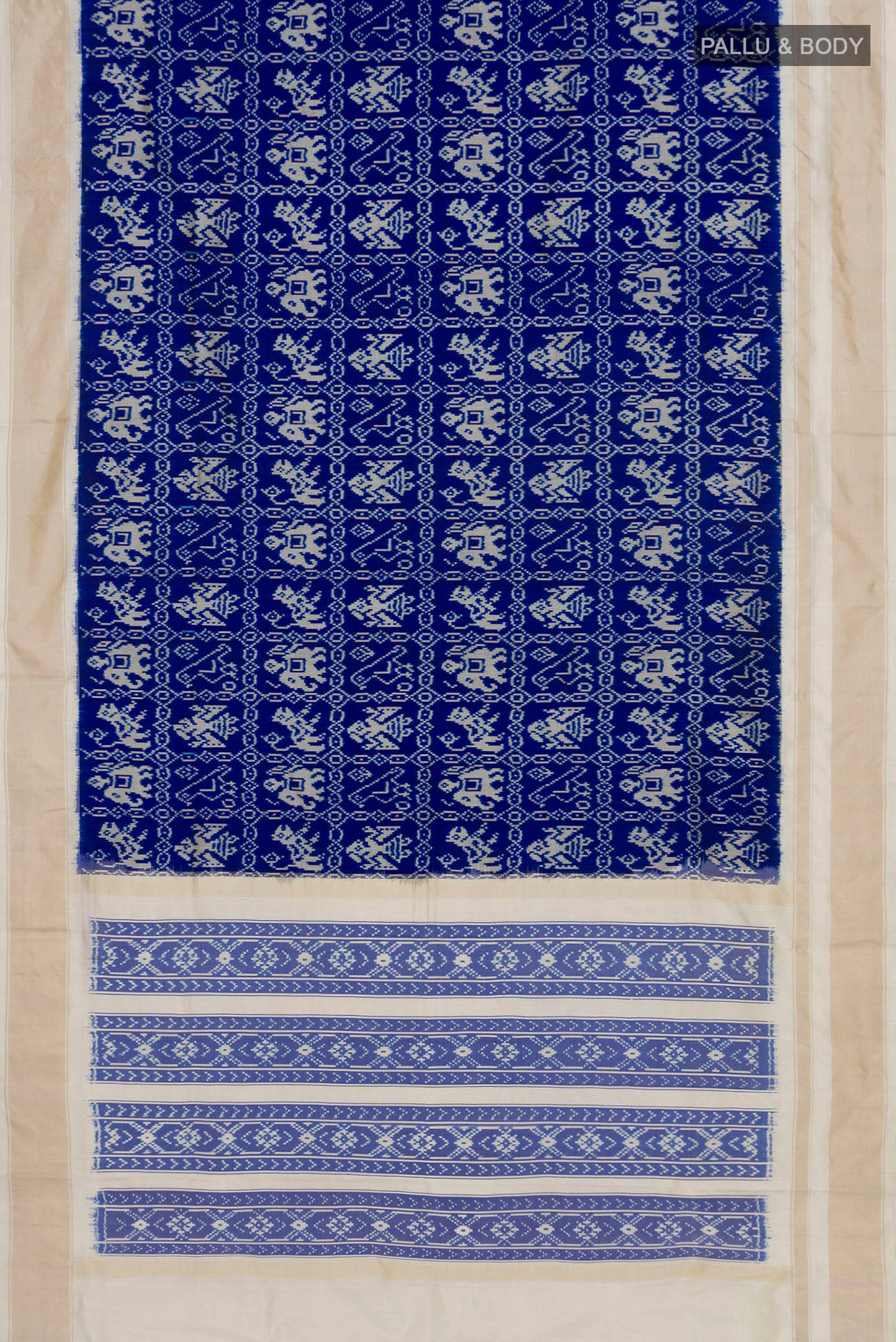 Flat view of Navy Blue Pochampally Silk Saree with Ikat Print on the body and Zari Border. 