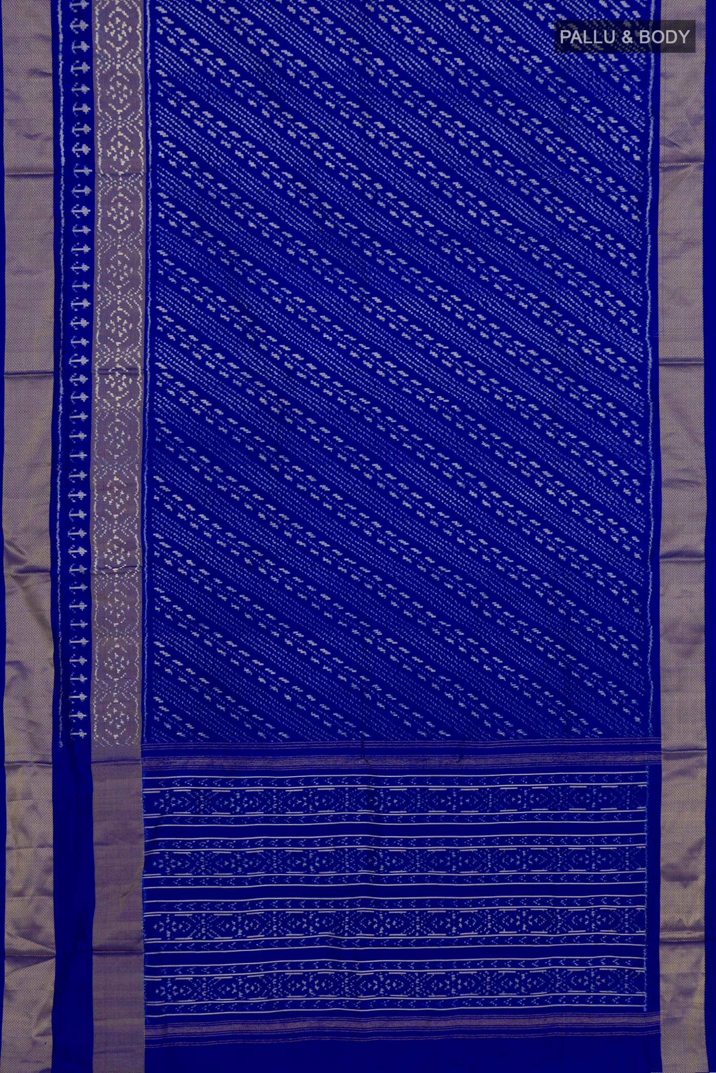 Flat view of Blue Pochampally Silk Saree with Ikat Print on the body and Zari Border. 