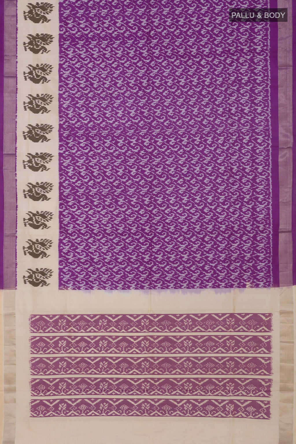Flat view of Purple Pochampally Saree with Ikat design on the body and Zari Border. 