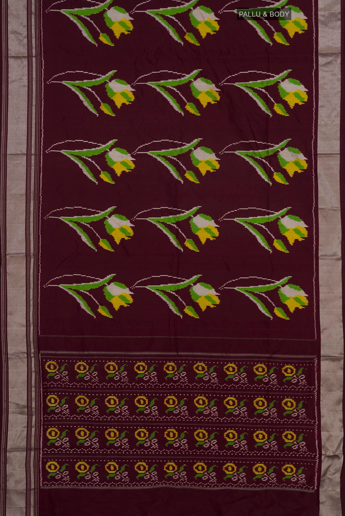 Flat view of Brown Pochampally Silk Saree with Ikat Print on the body and Zari Border. 