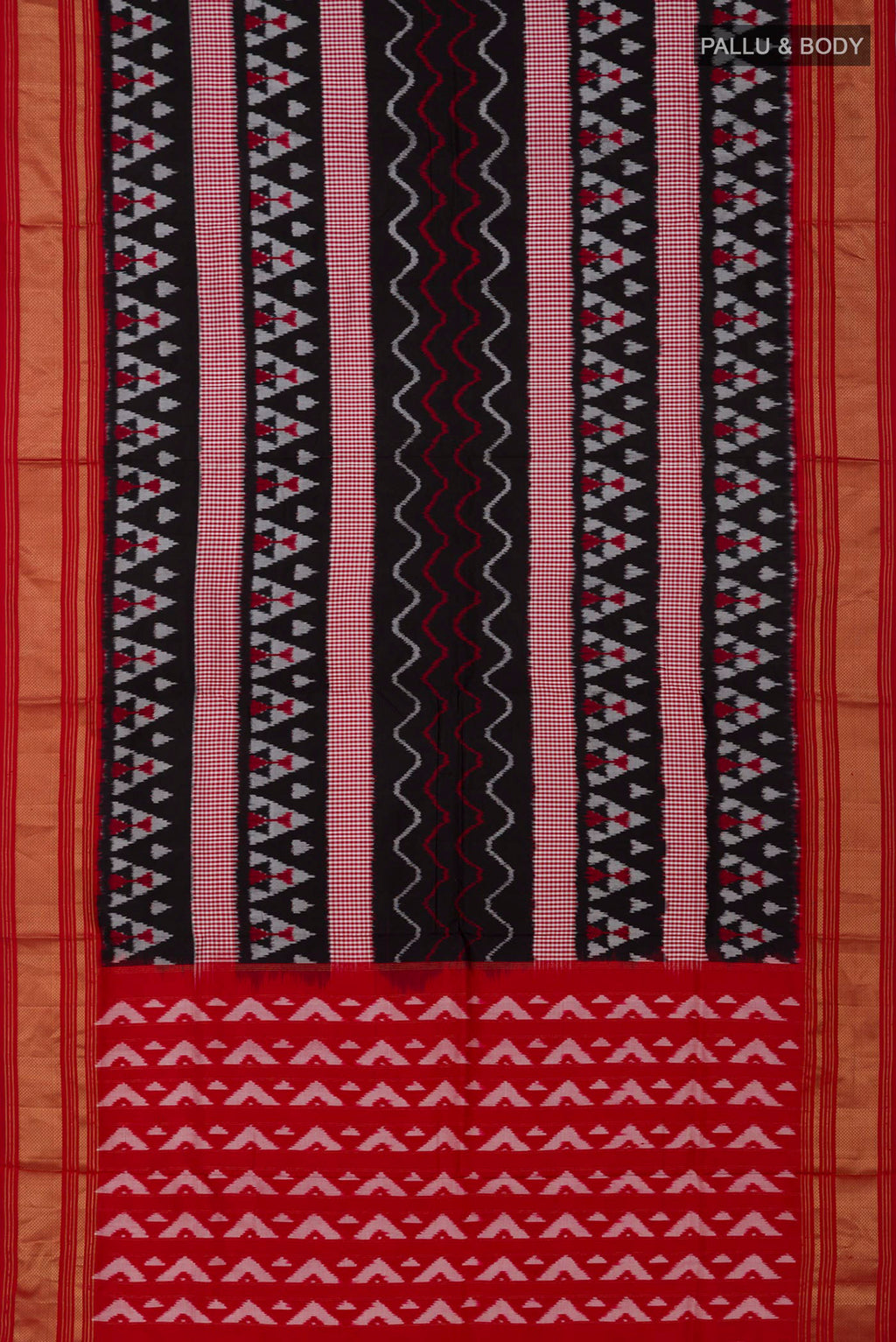 Flat view of Black Pochampally Silk Saree with Pure Ikat on the body and Zari Border. 