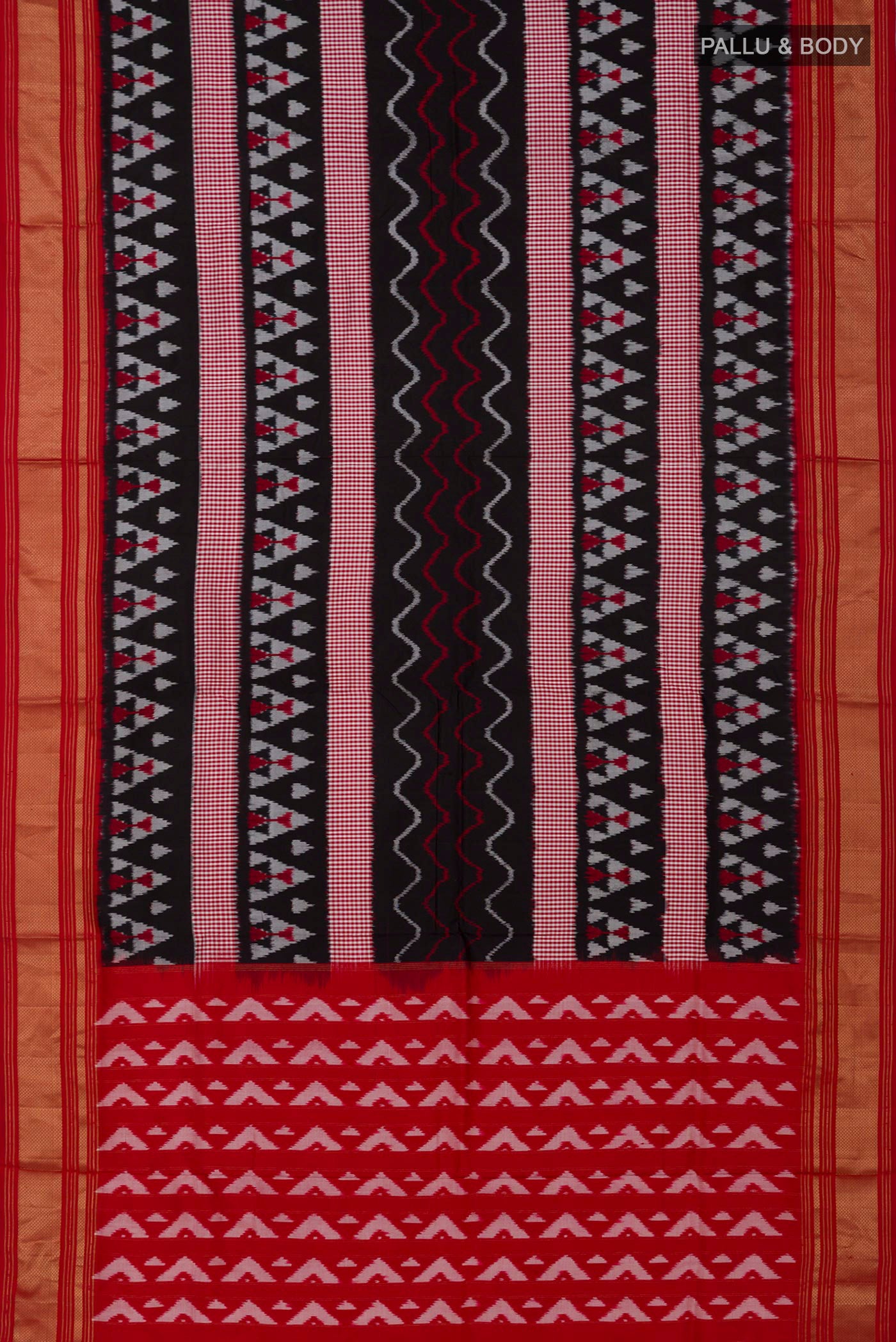 Flat view of Black Pochampally Silk Saree with Pure Ikat on the body and Zari Border. 