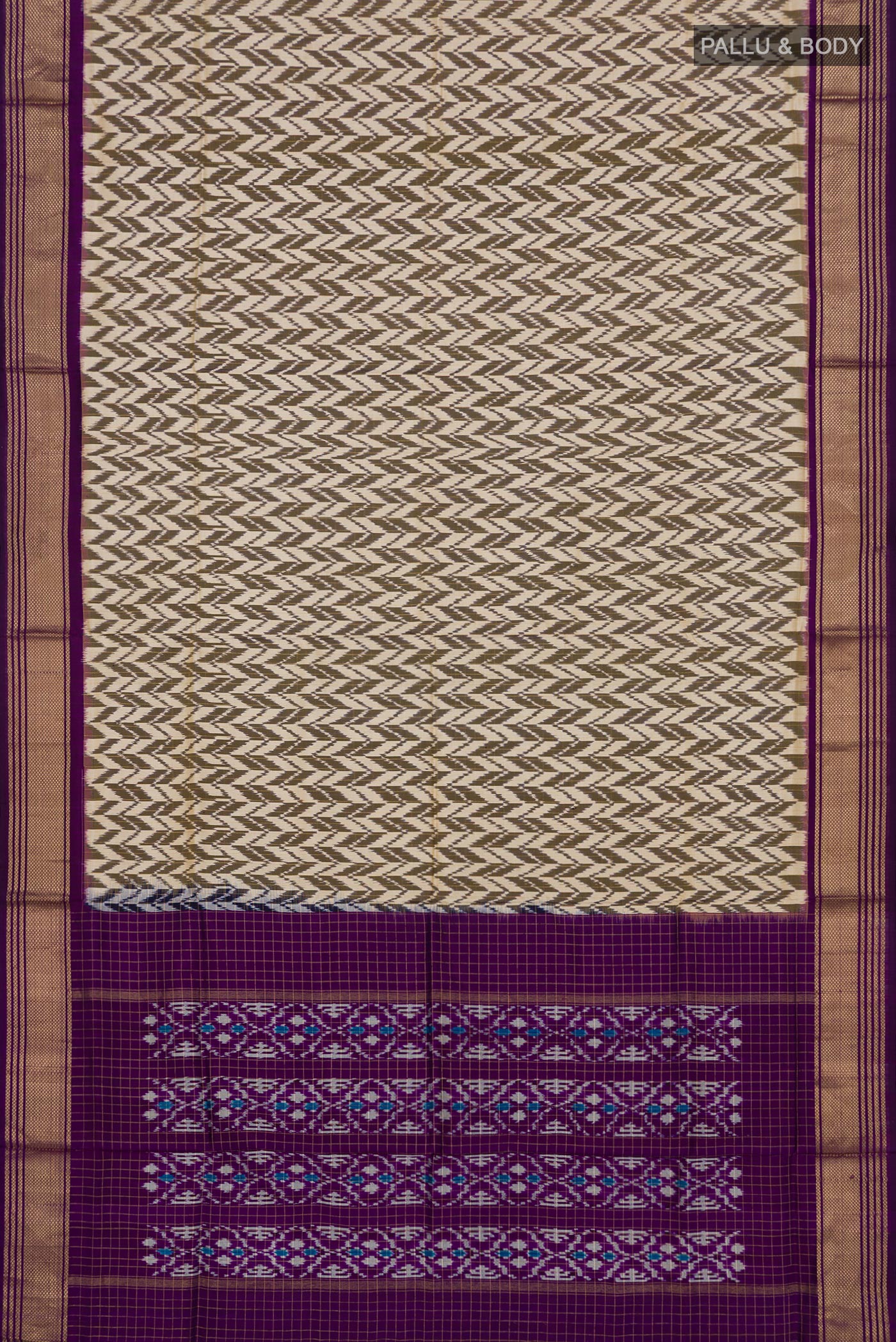 Flat view of Cream Pochampally Silk Saree with Ikat Print on the body and Zari Border. 
