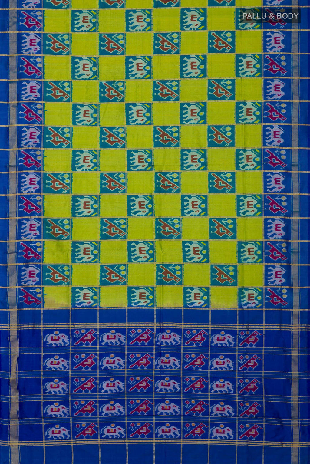 Flat view of Green Pochampally Silk Saree with Ikat design on the body and Zari Border. 
