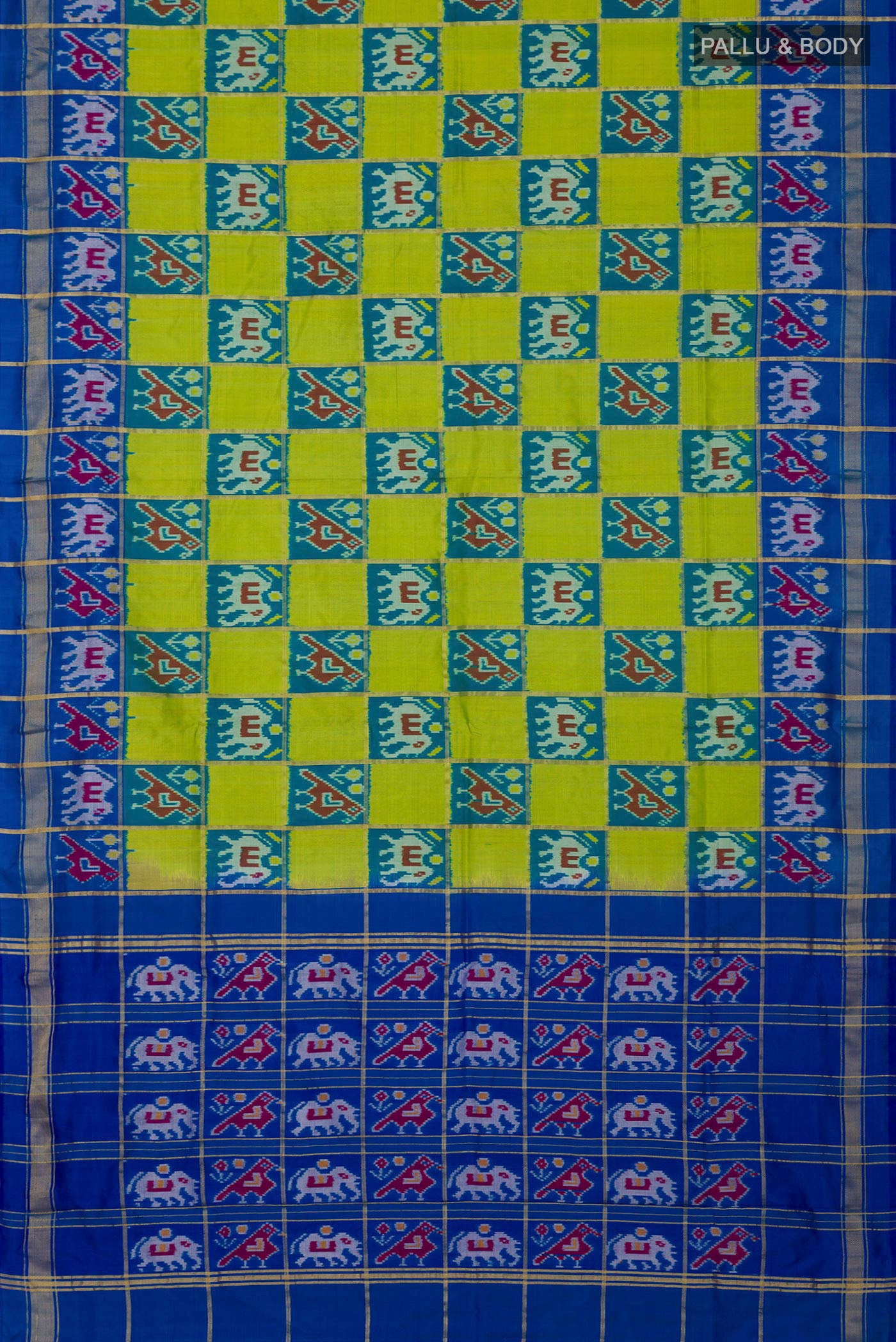 Flat view of Green Pochampally Silk Saree with Ikat design on the body and Zari Border. 