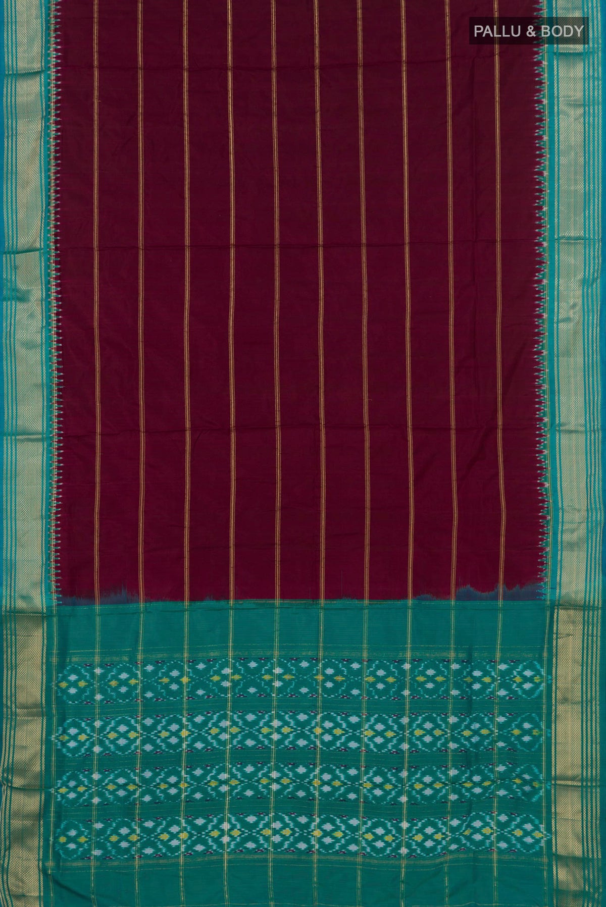 Flat view of Maroon Pochampally Silk Saree with Stripes on the body and Zari Border. 