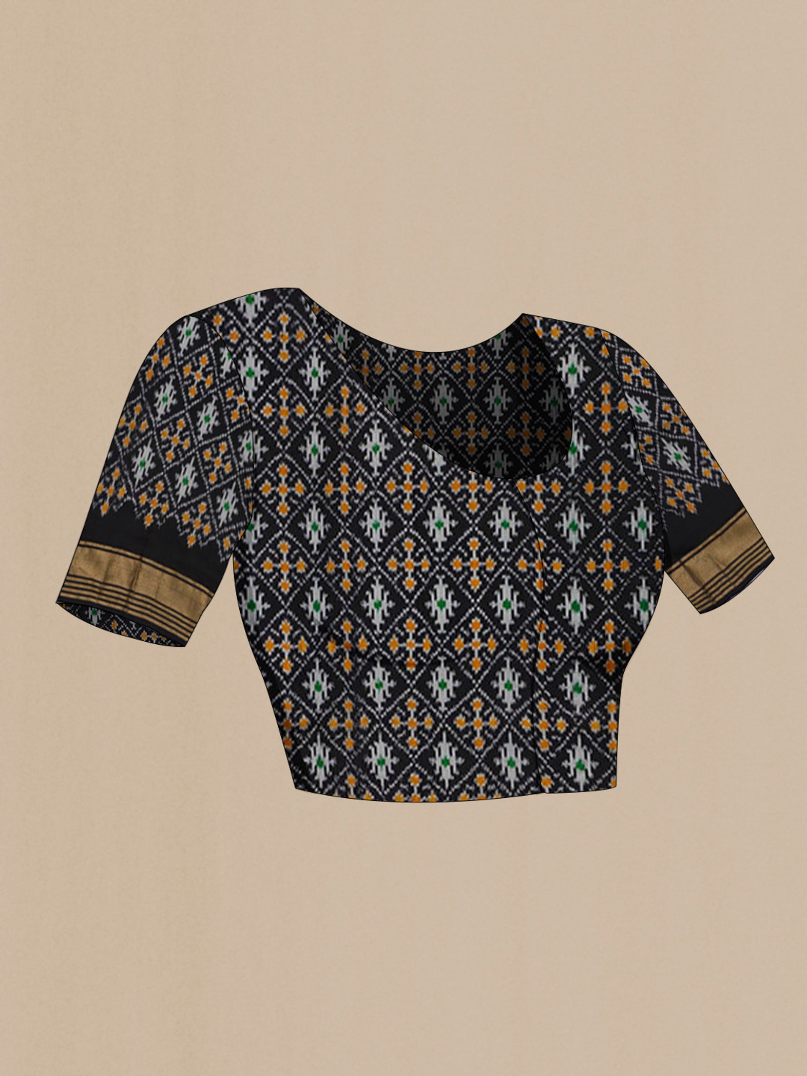 Close up image of the blouse of Black Pochampally Silk Saree with Ikat Print on the body and Zari Border. 