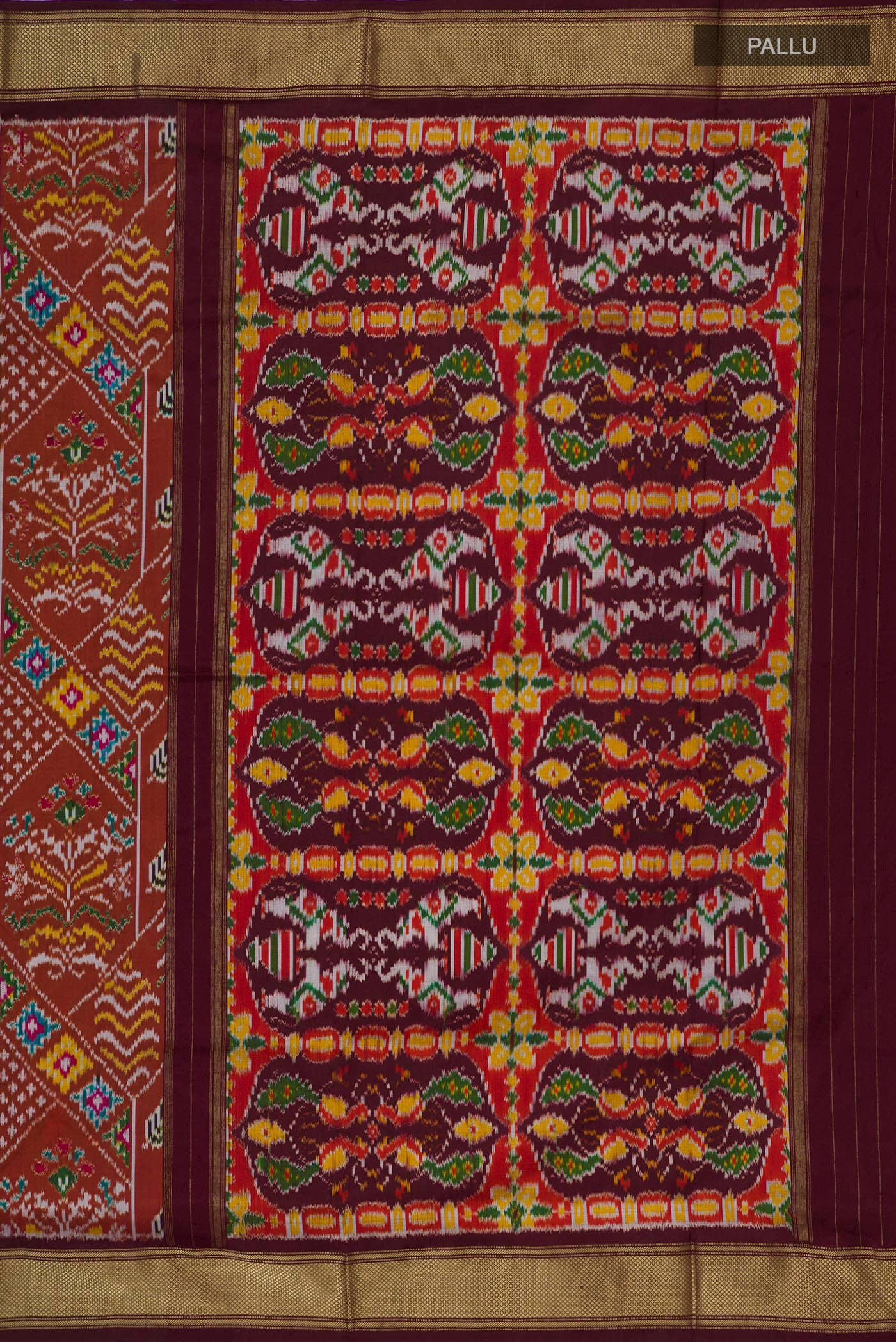 Close up image of the pallu of Brown Pochampally Silk Saree with Ikat Print on the body and Zari Border. 