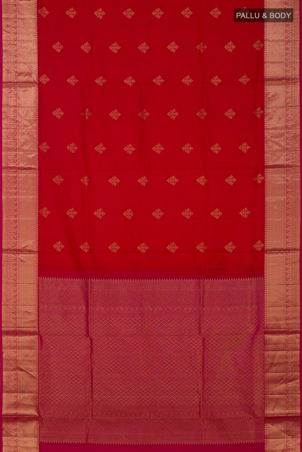 Flat view of Red Soft Silk Saree with Jacquard With Zari Butta on the body and Zari Border. 