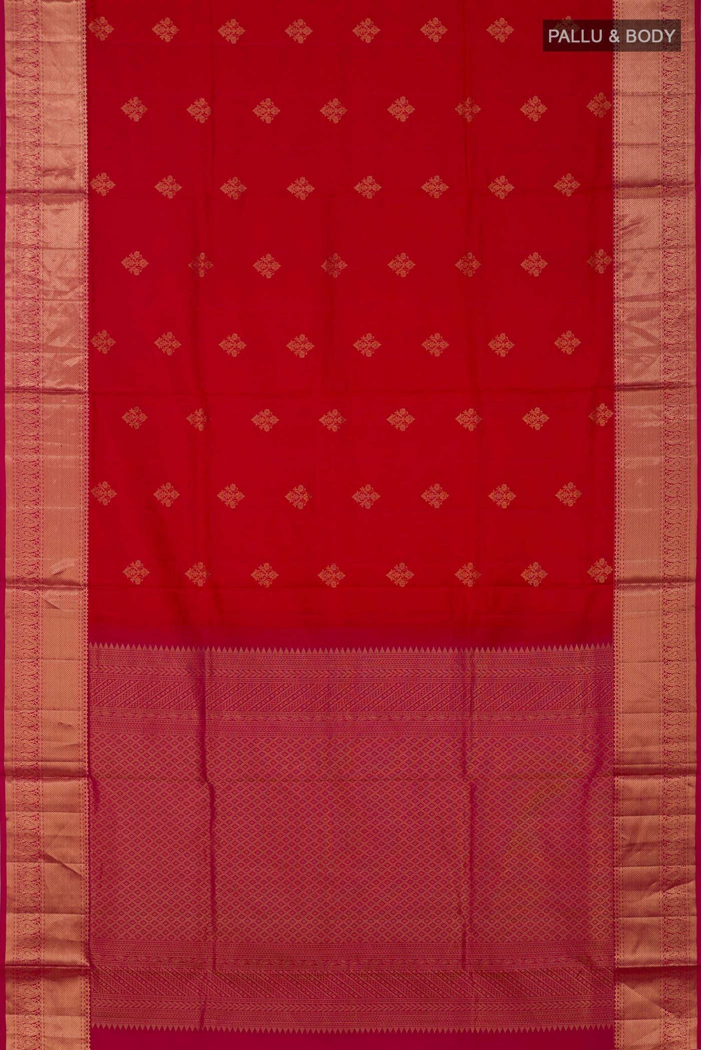 Flat view of Red Soft Silk Saree with Jacquard With Zari Butta on the body and Zari Border. 