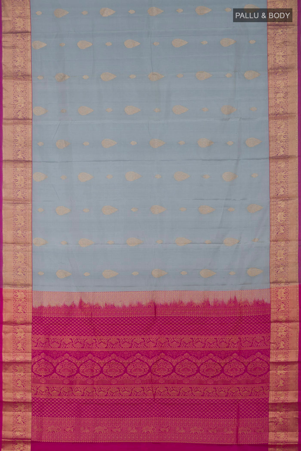 Flat view of Grey Kanjivaram Silk Saree with Zari Butta on the body and Zari Border. 