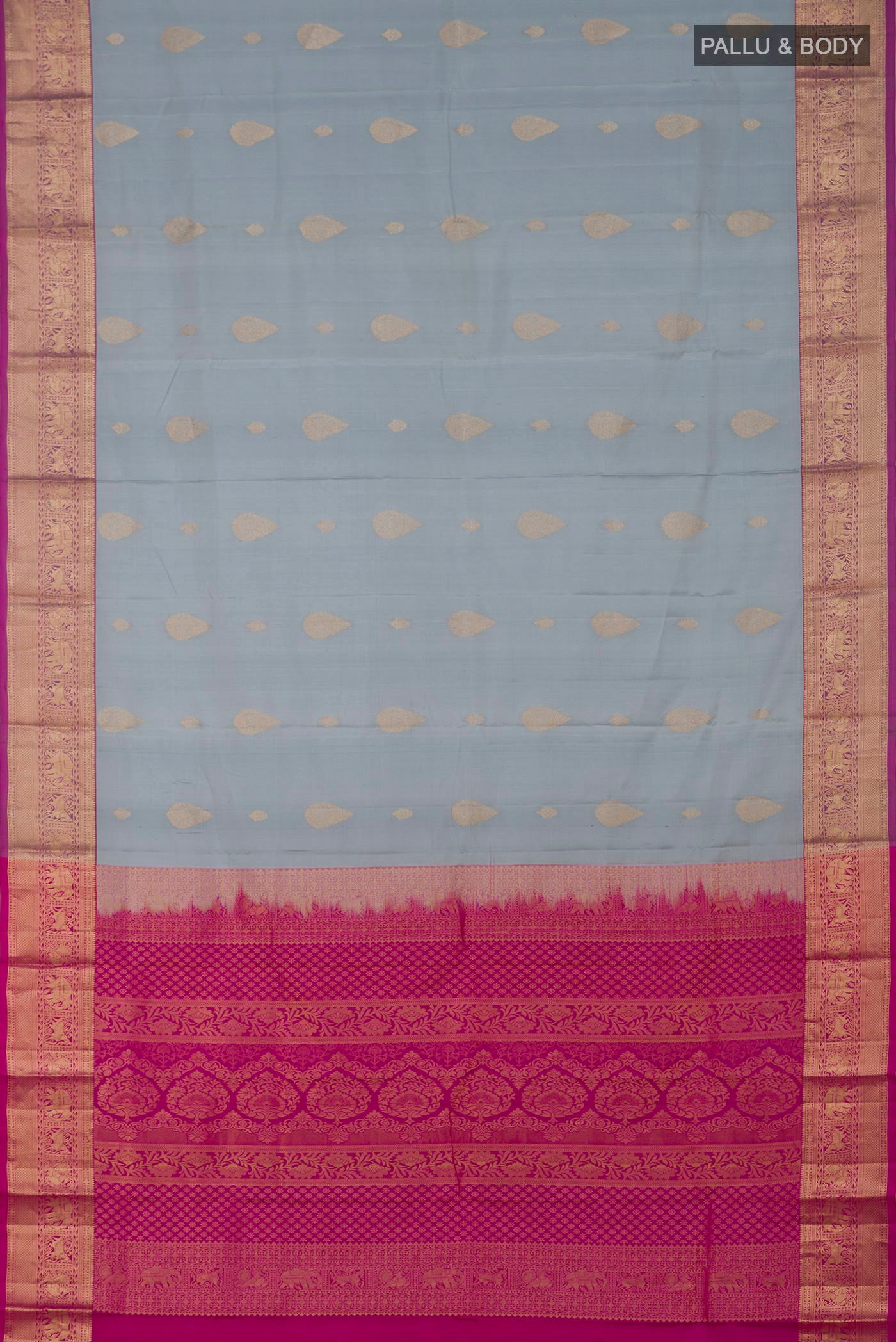 Flat view of Grey Kanjivaram Silk Saree with Zari Butta on the body and Zari Border. 