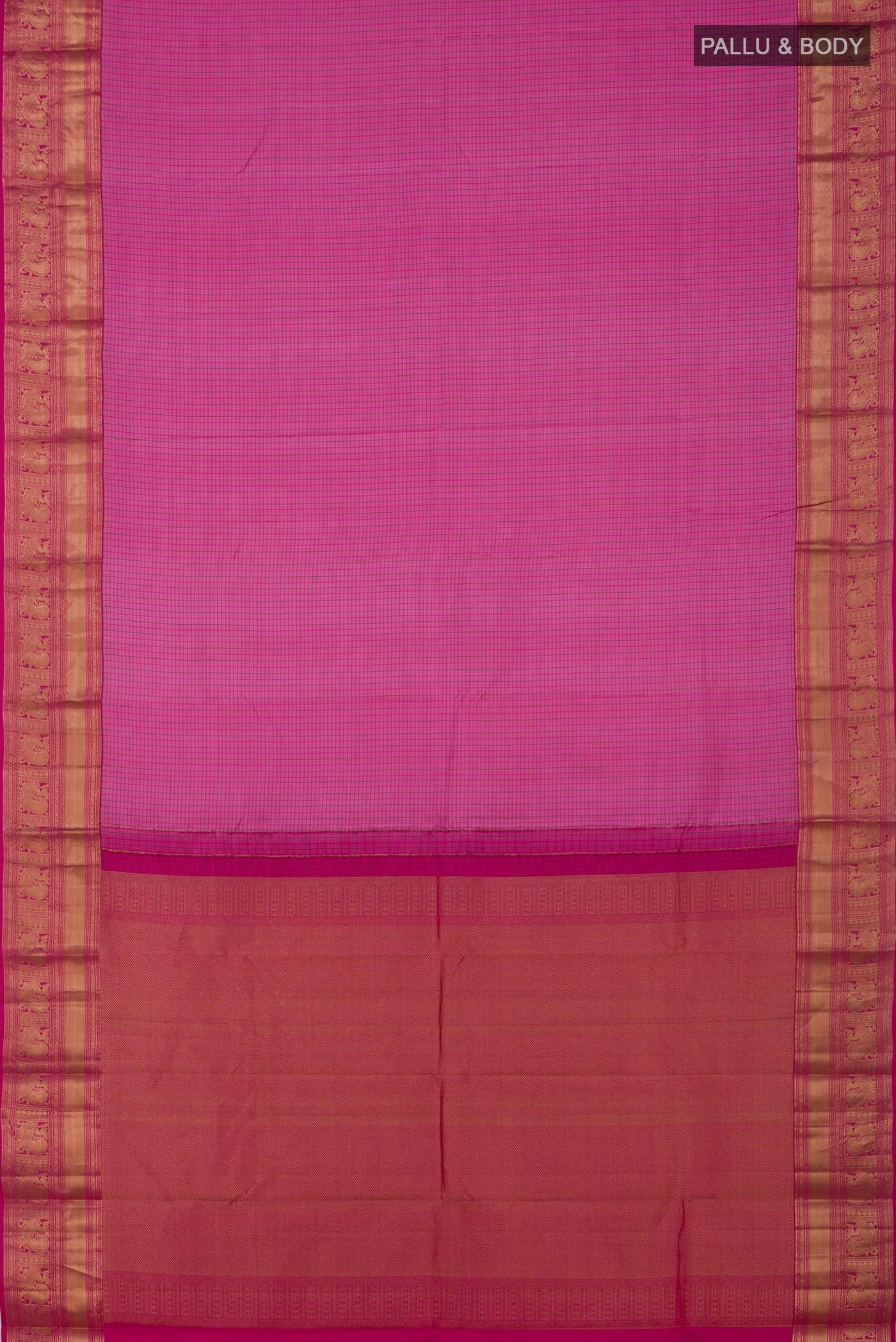 Flat view of Pink Kanchipuram Saree with Checked design on the body and Zari Border. 