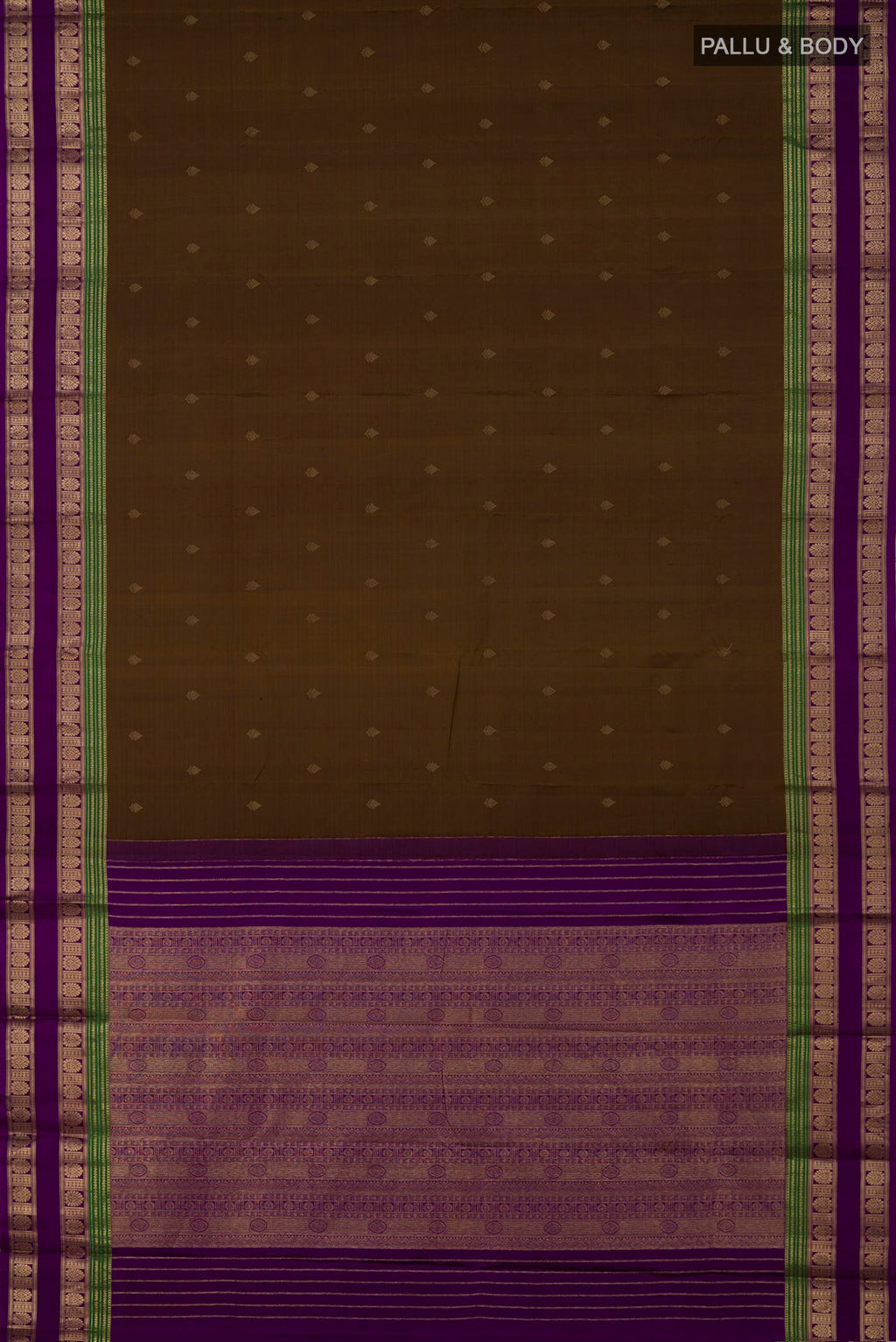 Flat view of Mehandi Green Kanchipuram Silk Saree with Zari Butta on the body and Zari Border. 