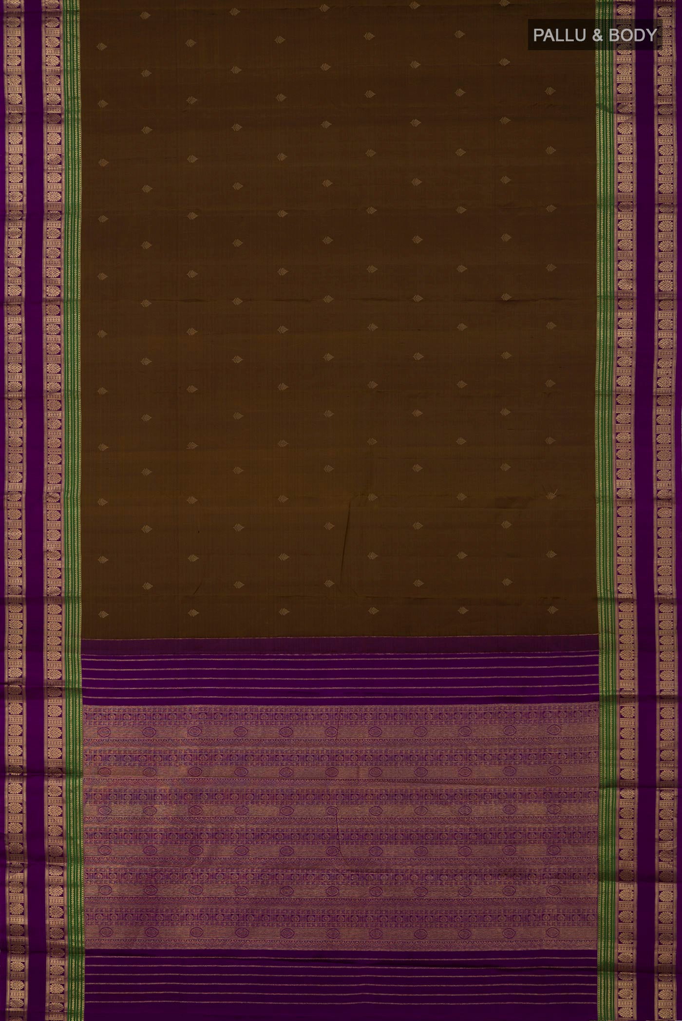 Flat view of Mehandi Green Kanchipuram Silk Saree with Zari Butta on the body and Zari Border. 