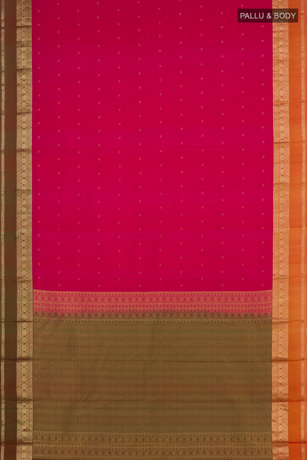 Flat view of Pink Kanchipuram Saree with Zari Butta on the body and Zari Border. 