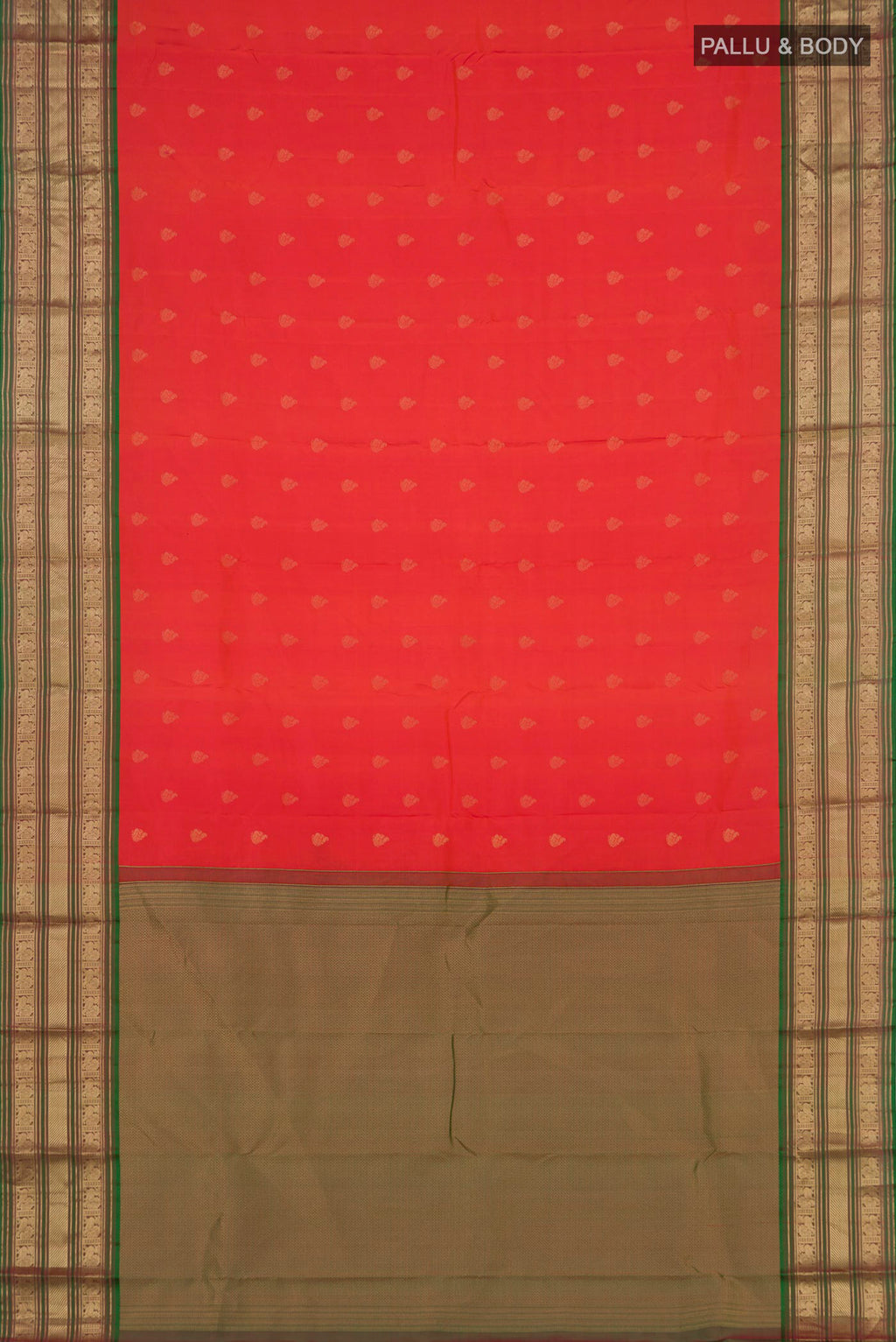 Flat view of Orange Kanchipuram Saree with Zari Butta on the body and Zari Border. 