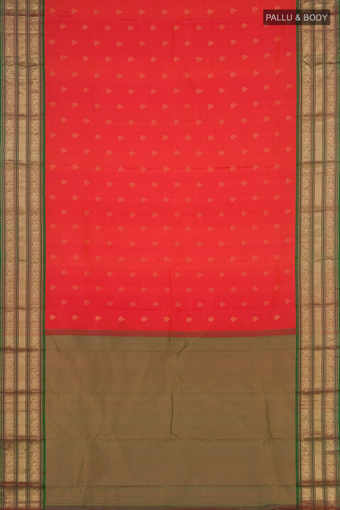 Flat view of Orange Kanchipuram Saree with Zari Butta on the body and Zari Border. 