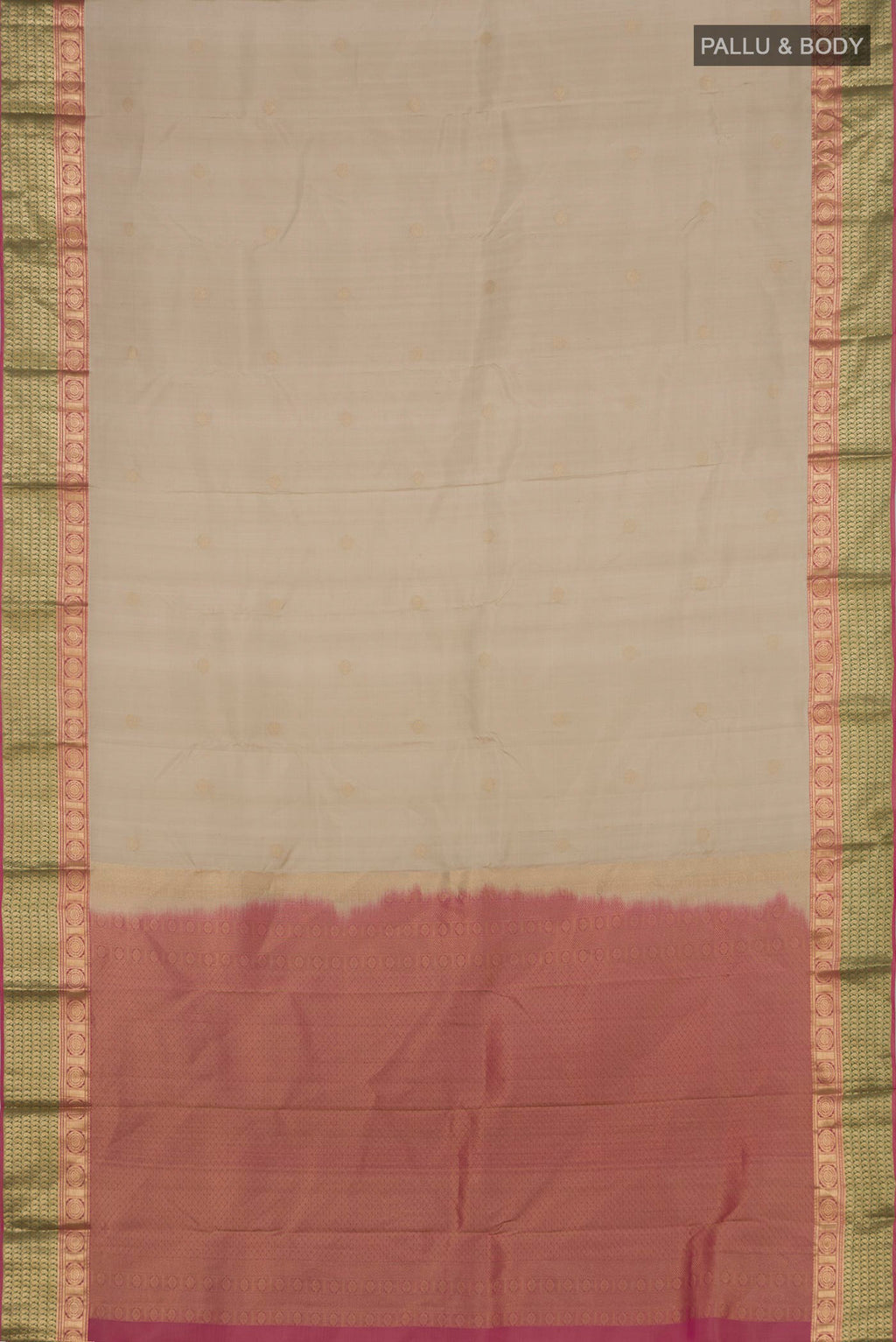 Flat view of Cream Kanchipuram Saree with Zari Butta on the body and Zari Border. 