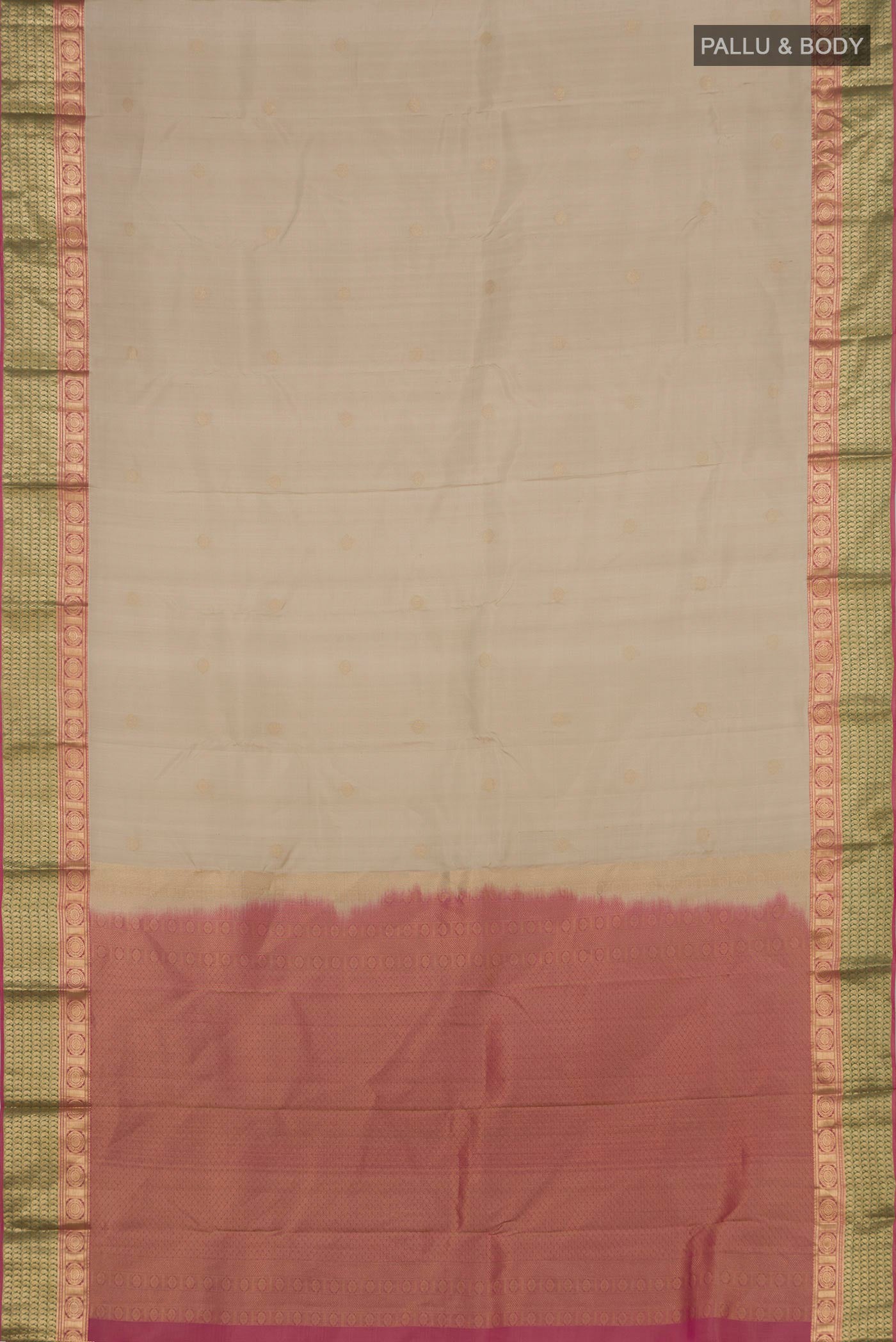 Flat view of Cream Kanchipuram Saree with Zari Butta on the body and Zari Border. 