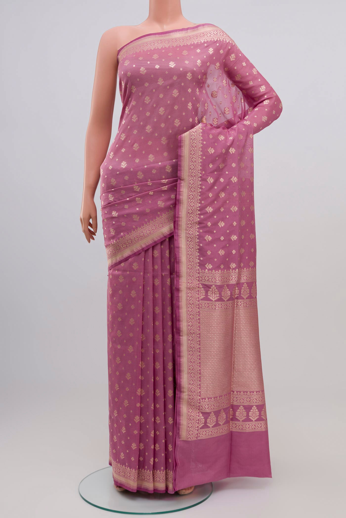 Pink Banarasi Silk Saree with Zari Butta on the body and Zari Border.  displayed on a mannequin