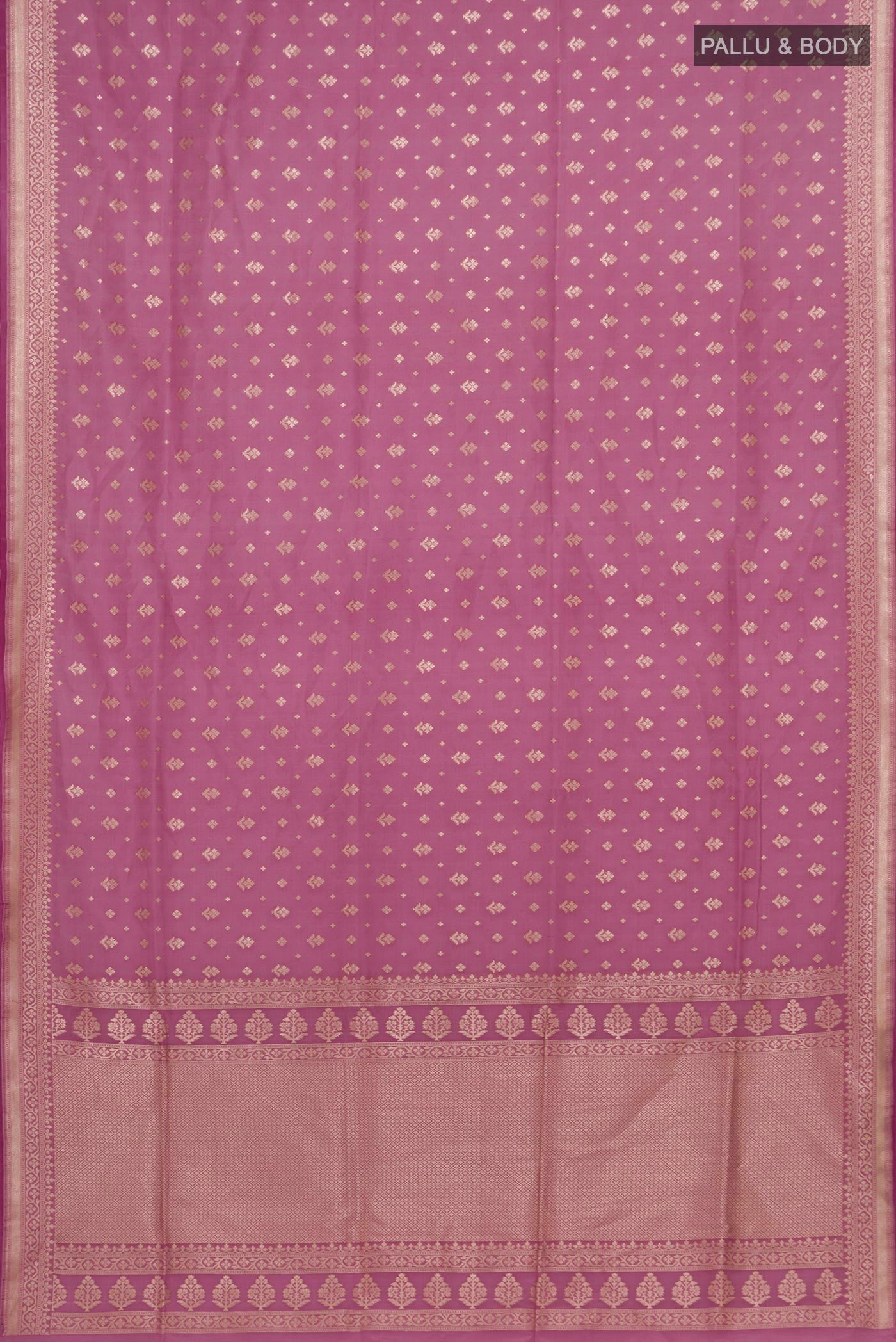 Flat view of Pink Banarasi Silk Saree with Zari Butta on the body and Zari Border. 