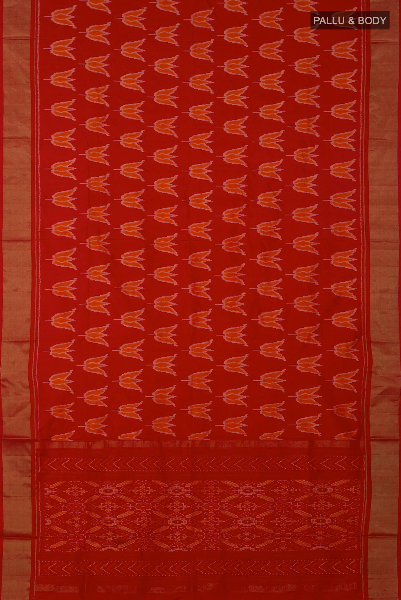 Flat view of Red Pochampally Saree with Ikat design on the body and Zari Border. 