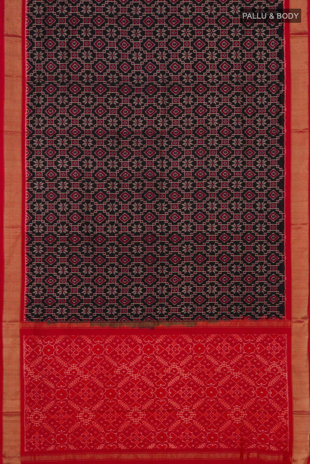 Flat view of Black Pochampally Silk Saree with Ikat design on the body and Zari Border. 