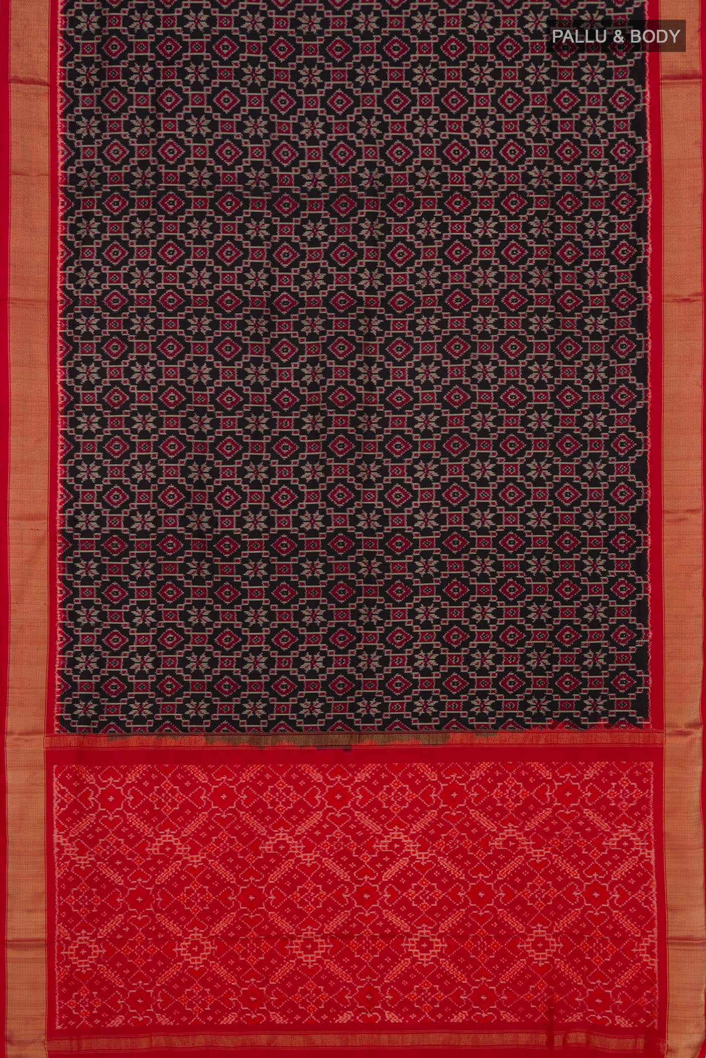 Flat view of Black Pochampally Silk Saree with Ikat design on the body and Zari Border. 