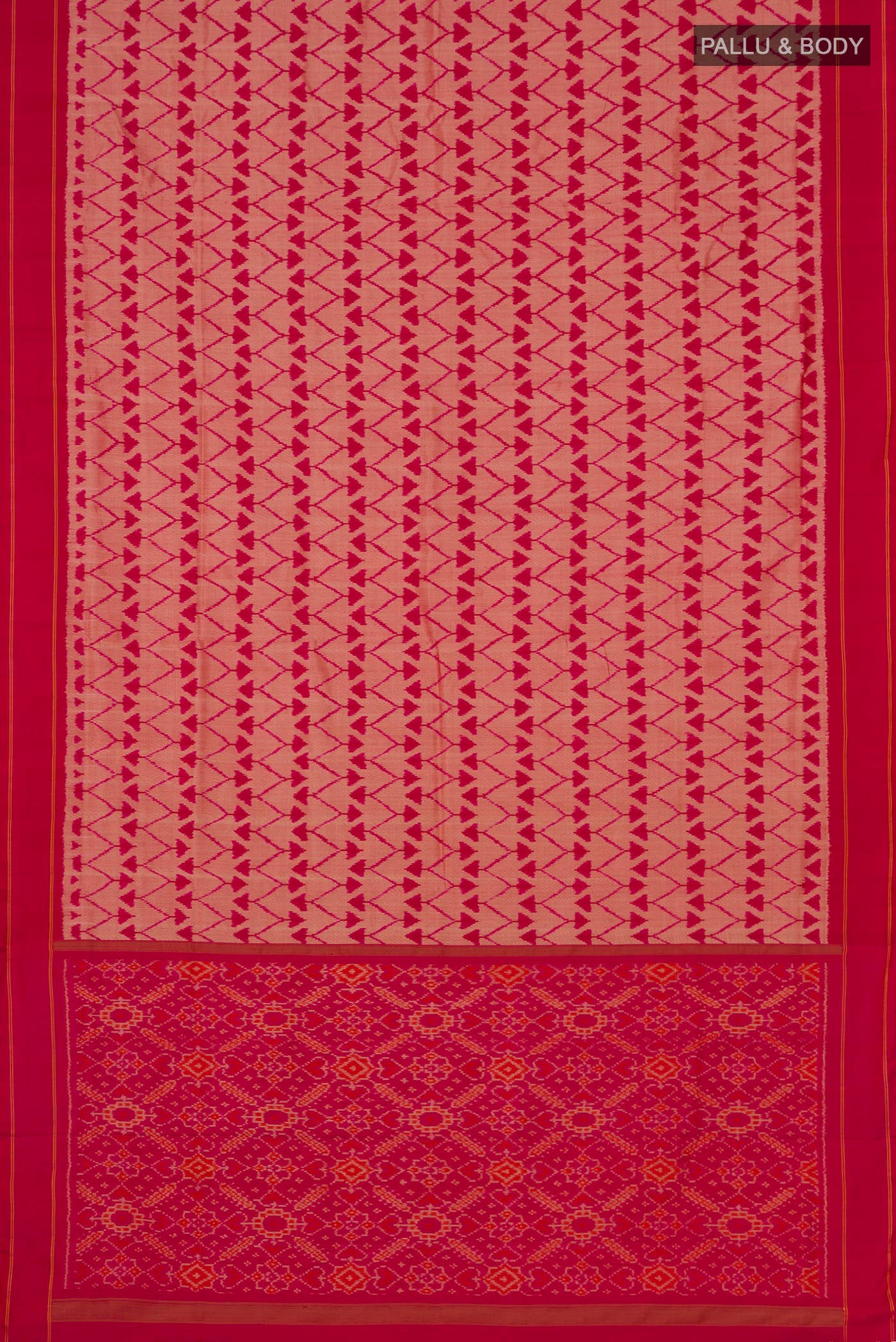 Flat view of Pink Pochampally Silk Saree with Ikat design on the body and Plain Border. 