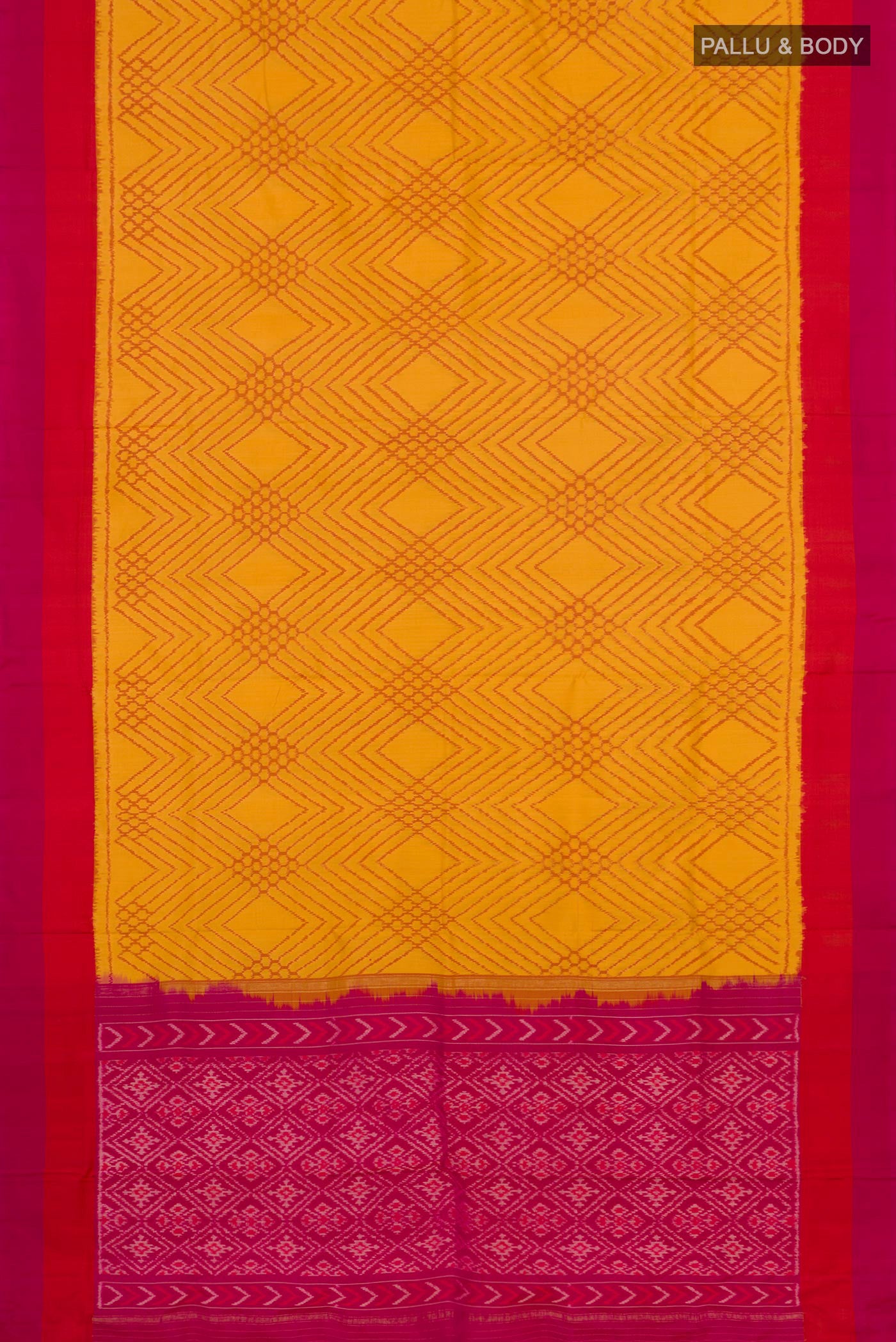 Flat view of Yellow Pochampally Silk Saree with Ikat Print on the body and Zari Border. 