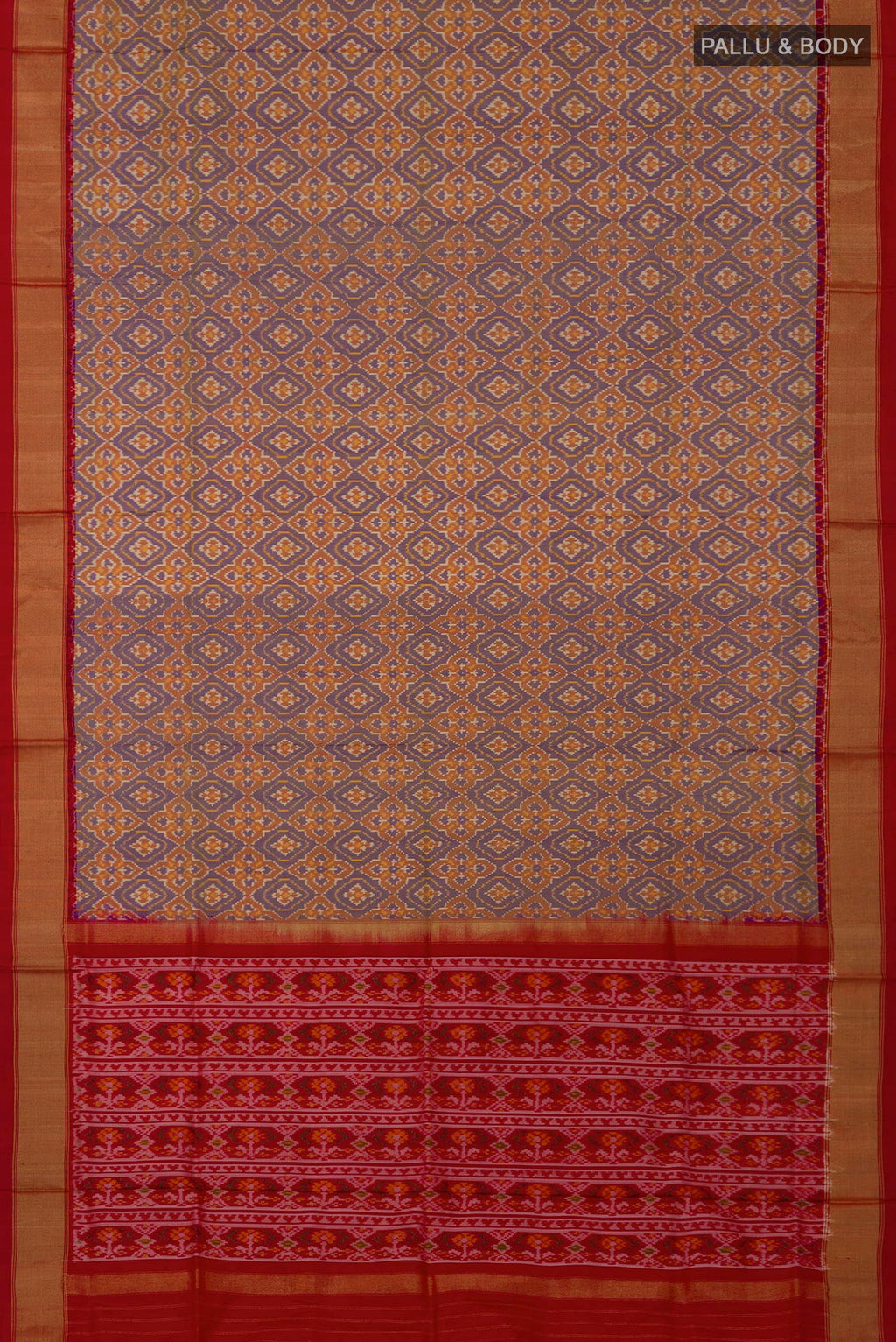 Flat view of Blue Pochampally Saree with Ikat design on the body and Zari Border. 
