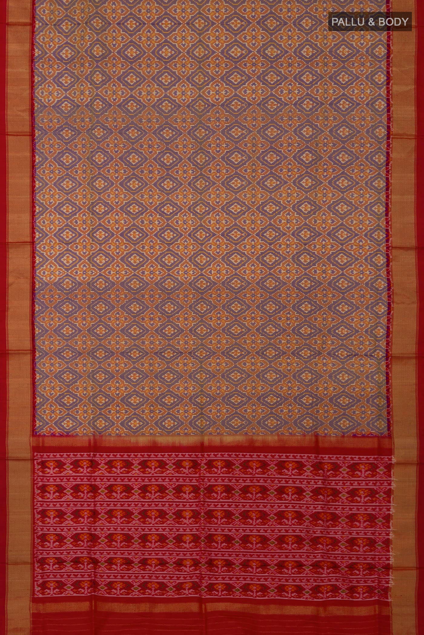 Flat view of Blue Pochampally Saree with Ikat design on the body and Zari Border. 