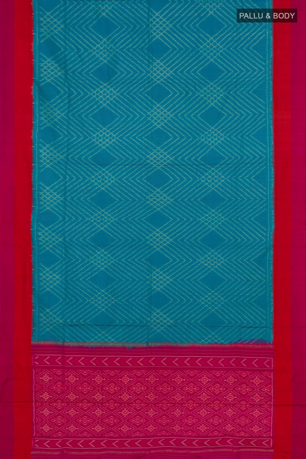 Flat view of Sky Blue Pochampally Silk Saree with Ikat Print on the body and Plain Border. 