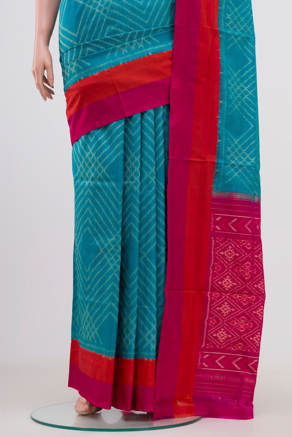 Pleats and pallu of Sky Blue Pochampally Silk Saree with Ikat Print on the body and Plain Border. 