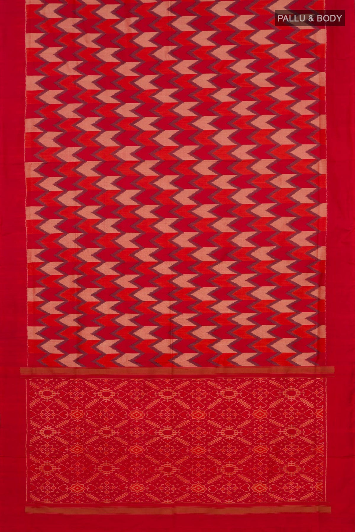 Flat view of Red Pochampally Silk Saree with Ikat Print on the body and Plain Border. 