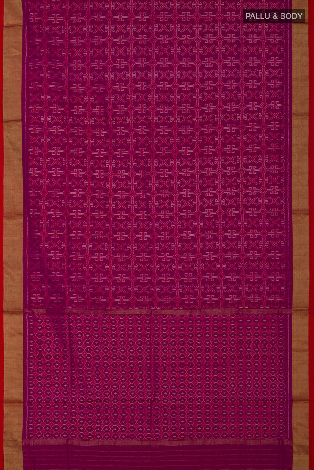 Flat view of Purple Pochampally Silk Saree with Ikat design on the body and Zari Border. 