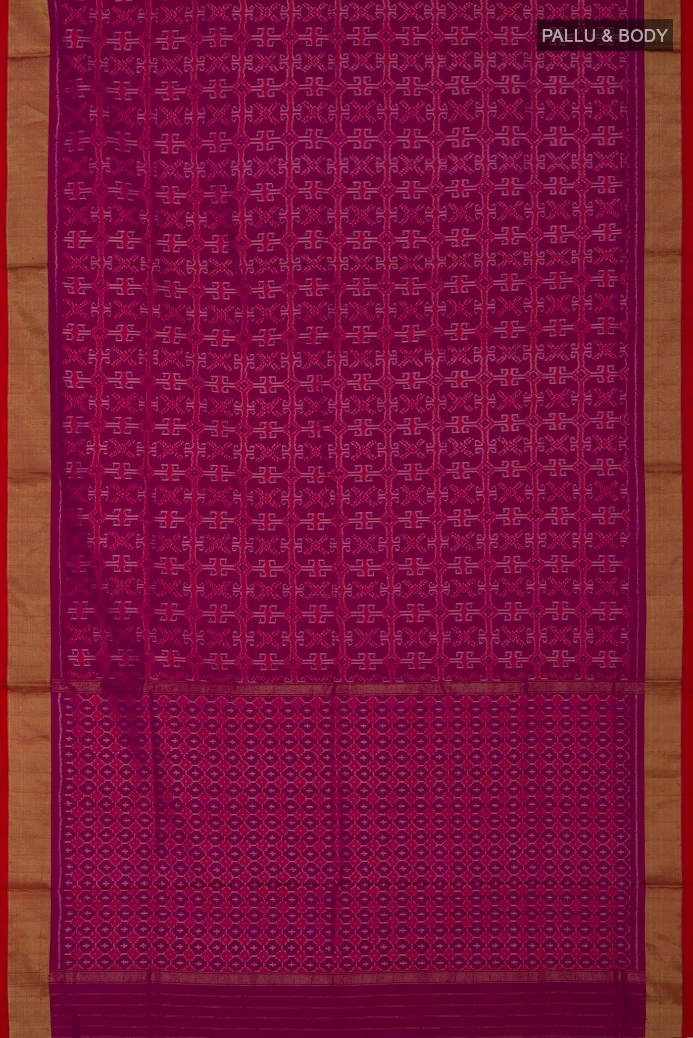 Flat view of Purple Pochampally Silk Saree with Ikat design on the body and Zari Border. 