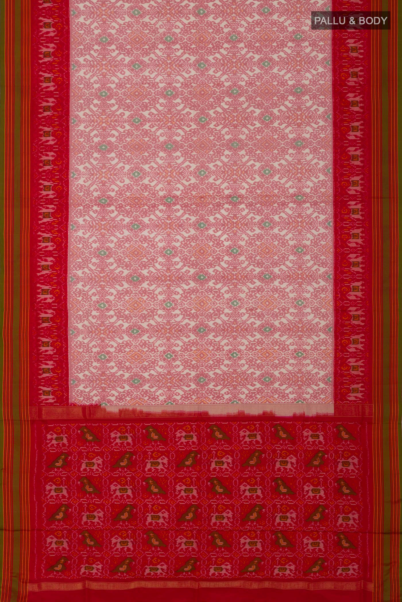 Flat view of Peach Pochampally Silk Saree with Ikat design on the body and Plain Border. 