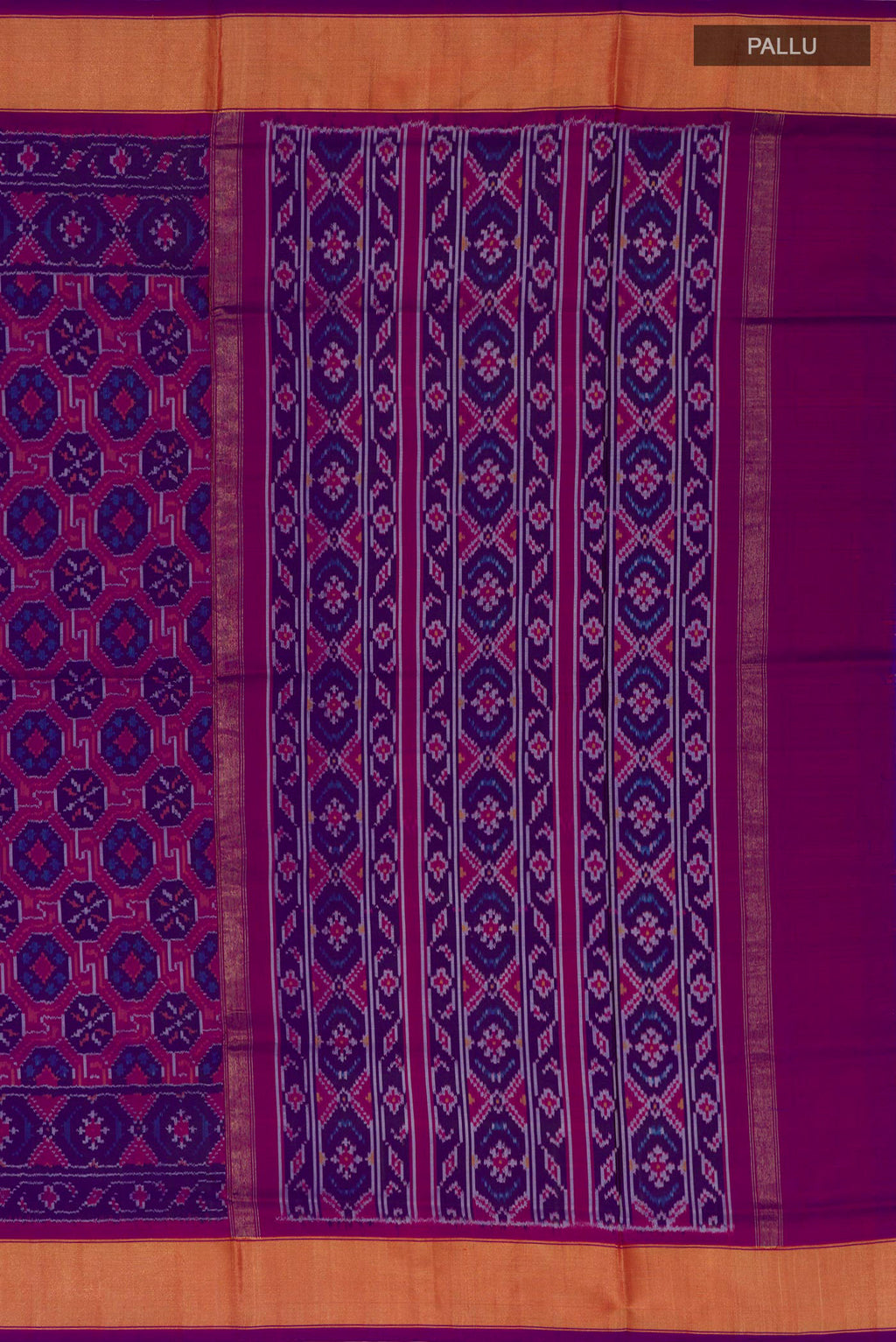 Close up image of the pallu of Purple Pochampally Silk Saree with Ikat design on the body and Zari Border. 