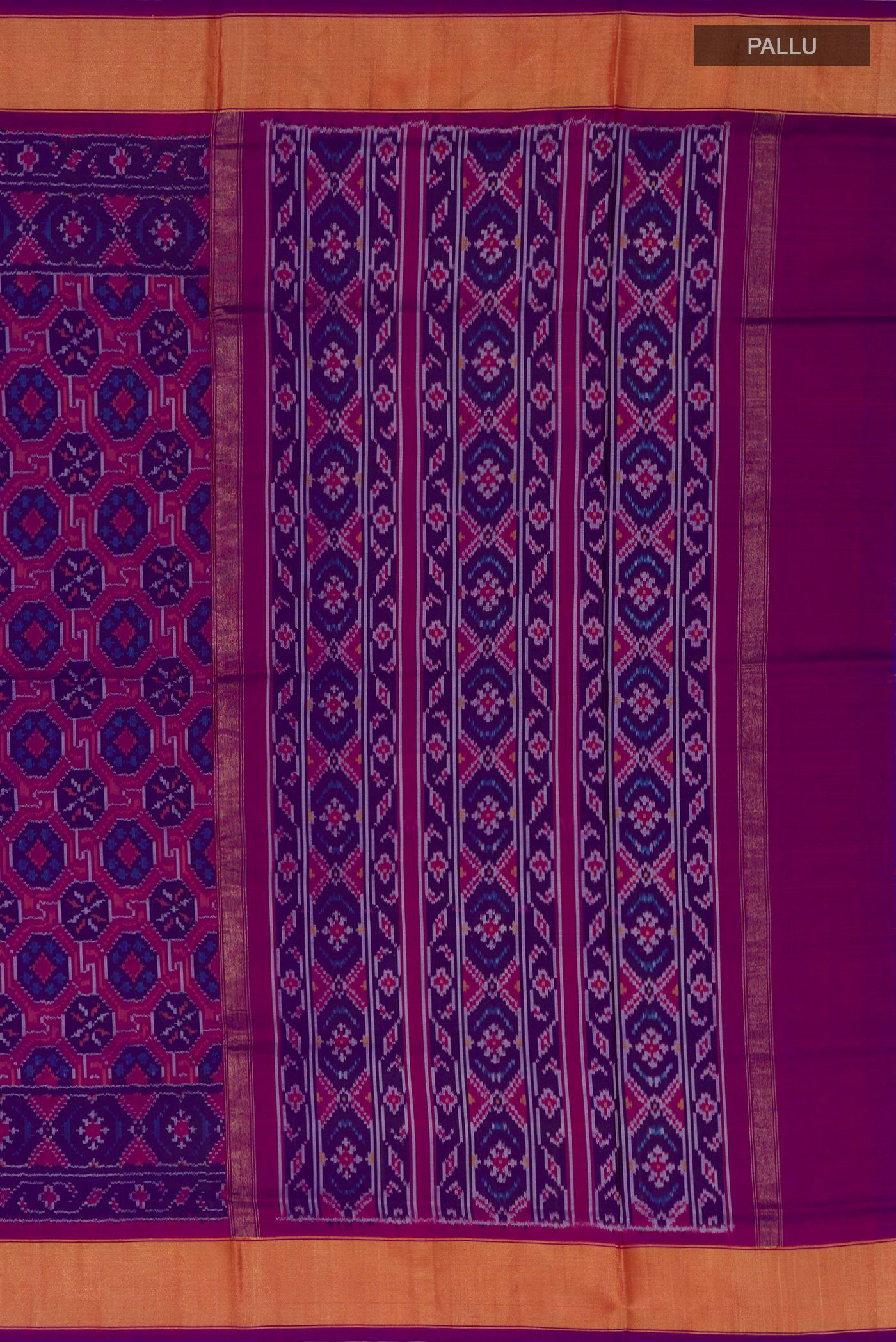Close up image of the pallu of Purple Pochampally Silk Saree with Ikat design on the body and Zari Border. 