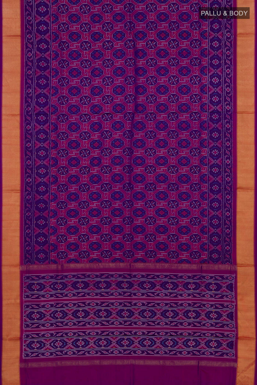 Flat view of Purple Pochampally Silk Saree with Ikat design on the body and Zari Border. 