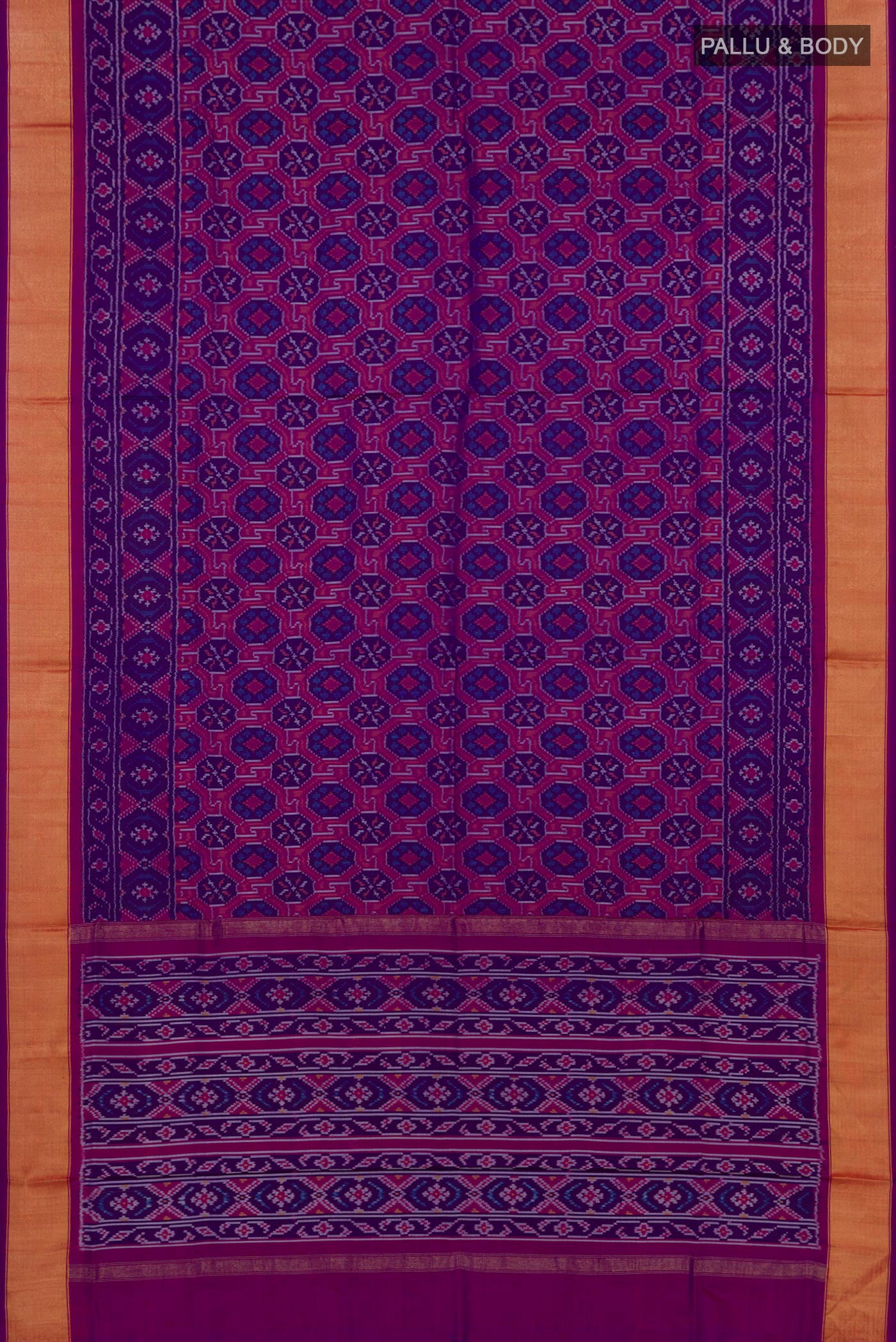 Flat view of Purple Pochampally Silk Saree with Ikat design on the body and Zari Border. 