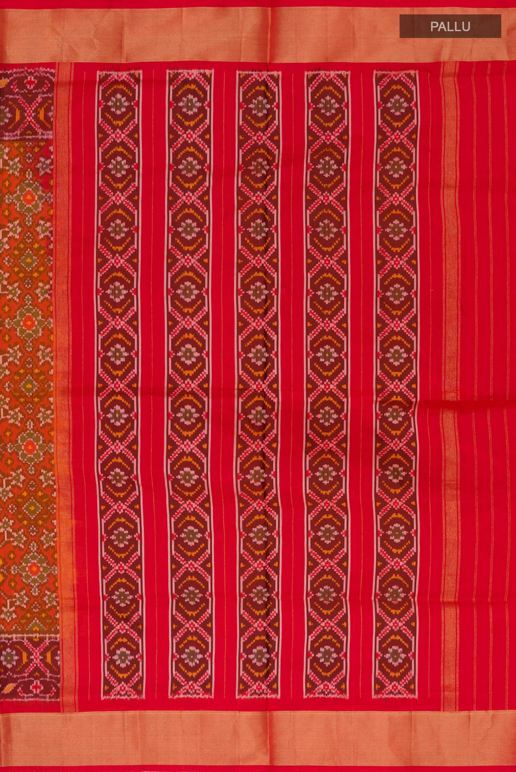Close up image of the pallu of Red Pochampally Silk Saree with Ikat Print on the body and Zari Border. 