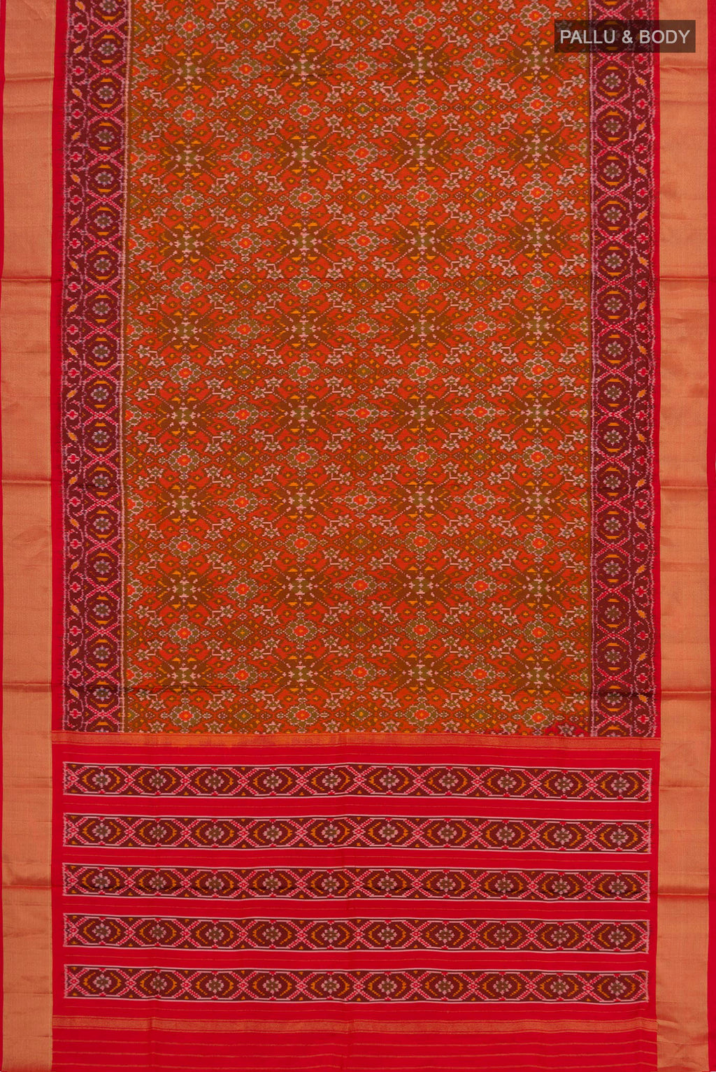 Flat view of Red Pochampally Silk Saree with Ikat Print on the body and Zari Border. 
