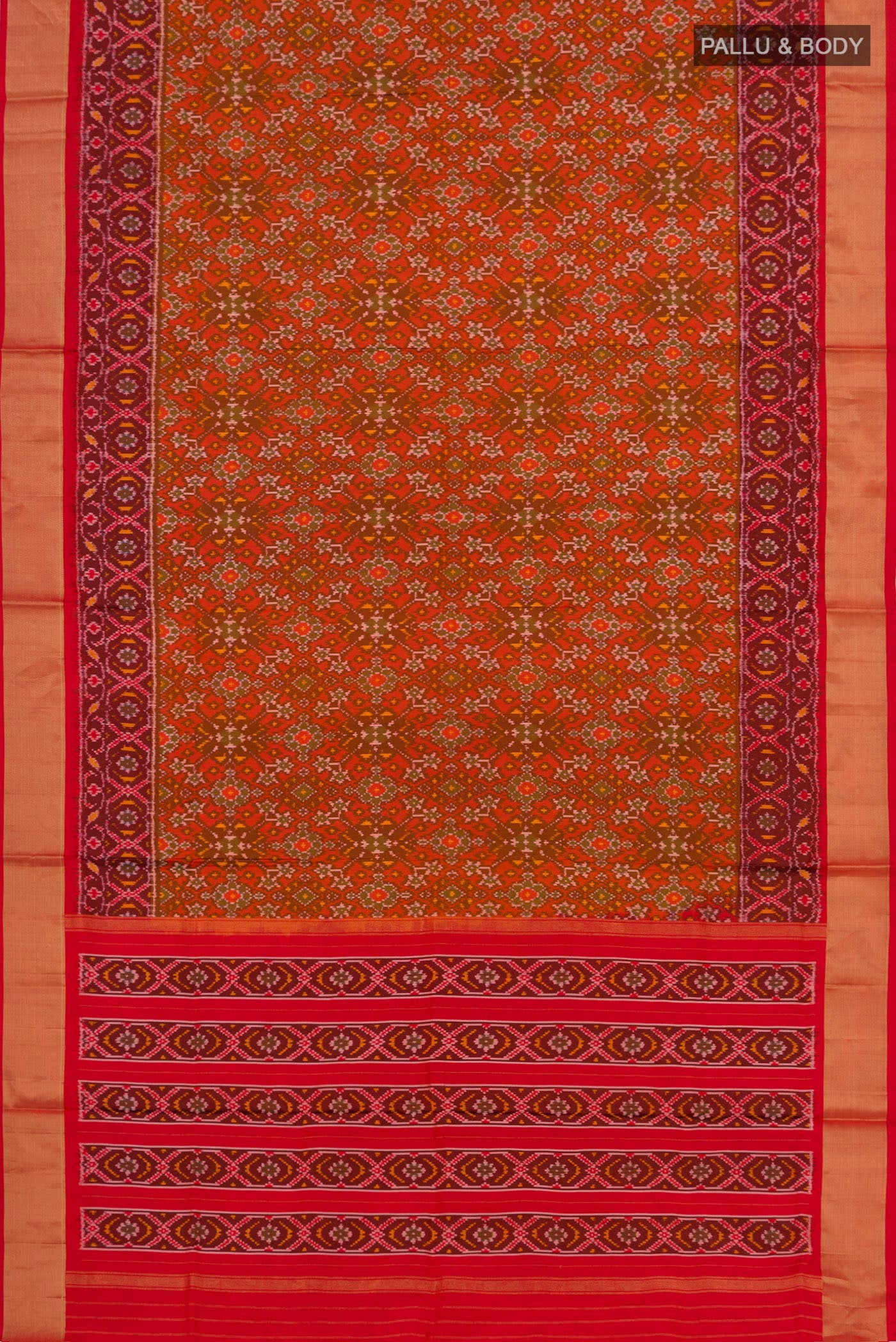 Flat view of Red Pochampally Silk Saree with Ikat Print on the body and Zari Border. 